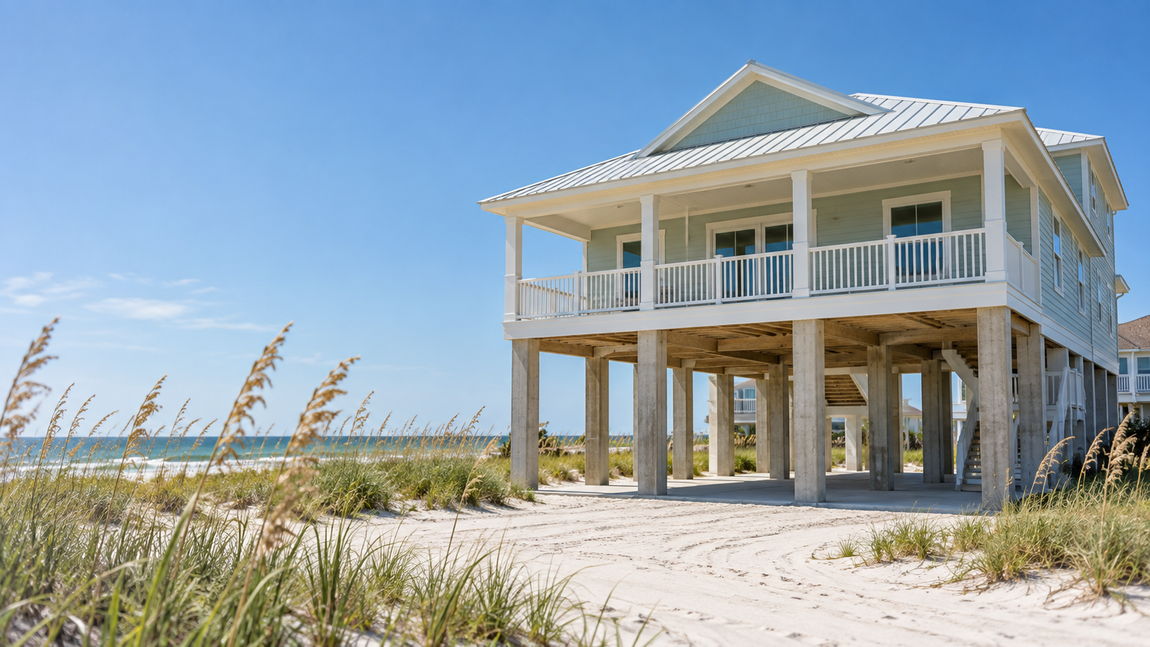 A raised home on tall concrete pilings, built for the flood zones in Gulf Shores, Alabama
