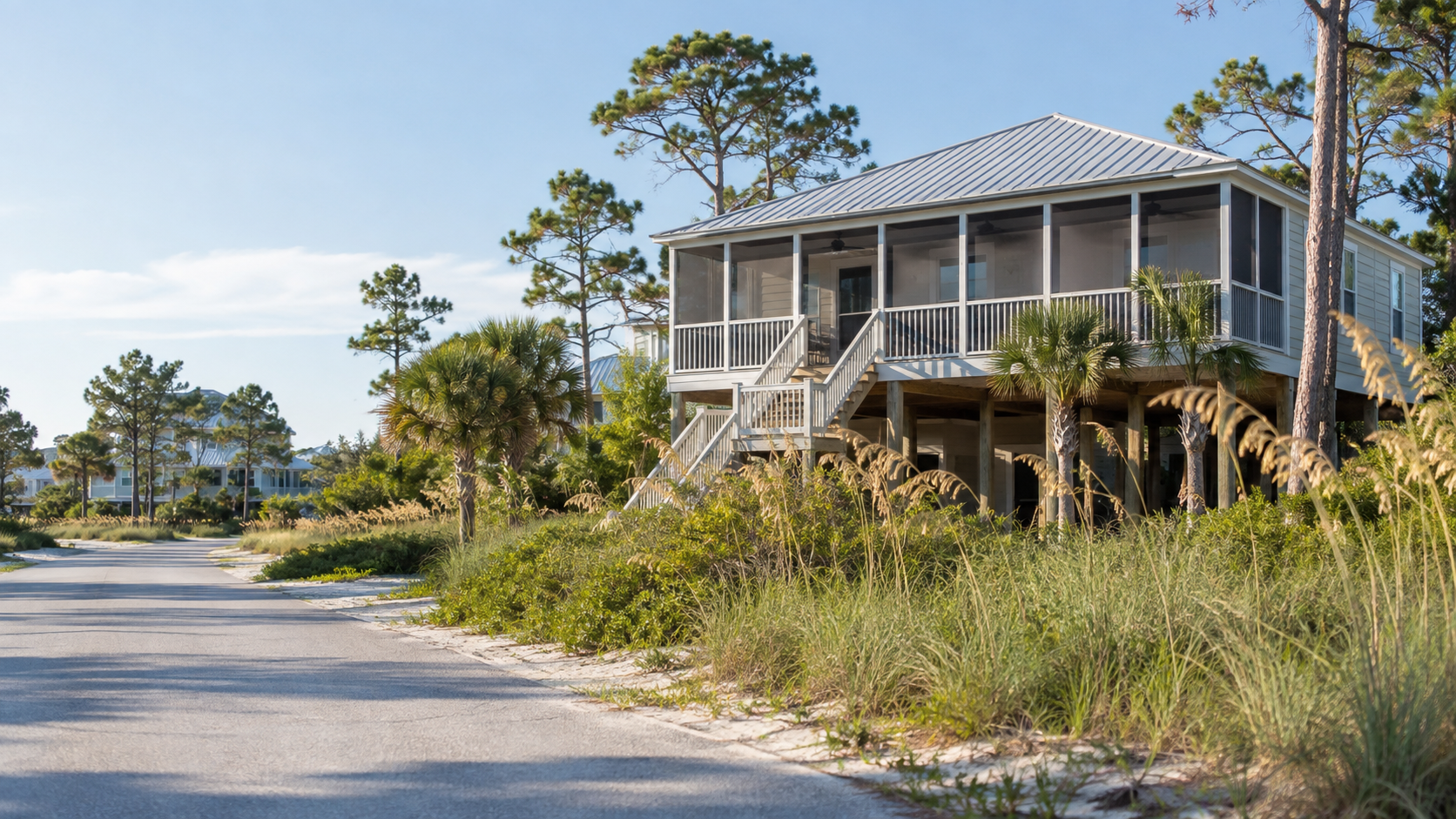 A raised coastal home behind sea oats on a Gulf Shores street, showing the pros and cons of living in Gulf Shores, Alabama