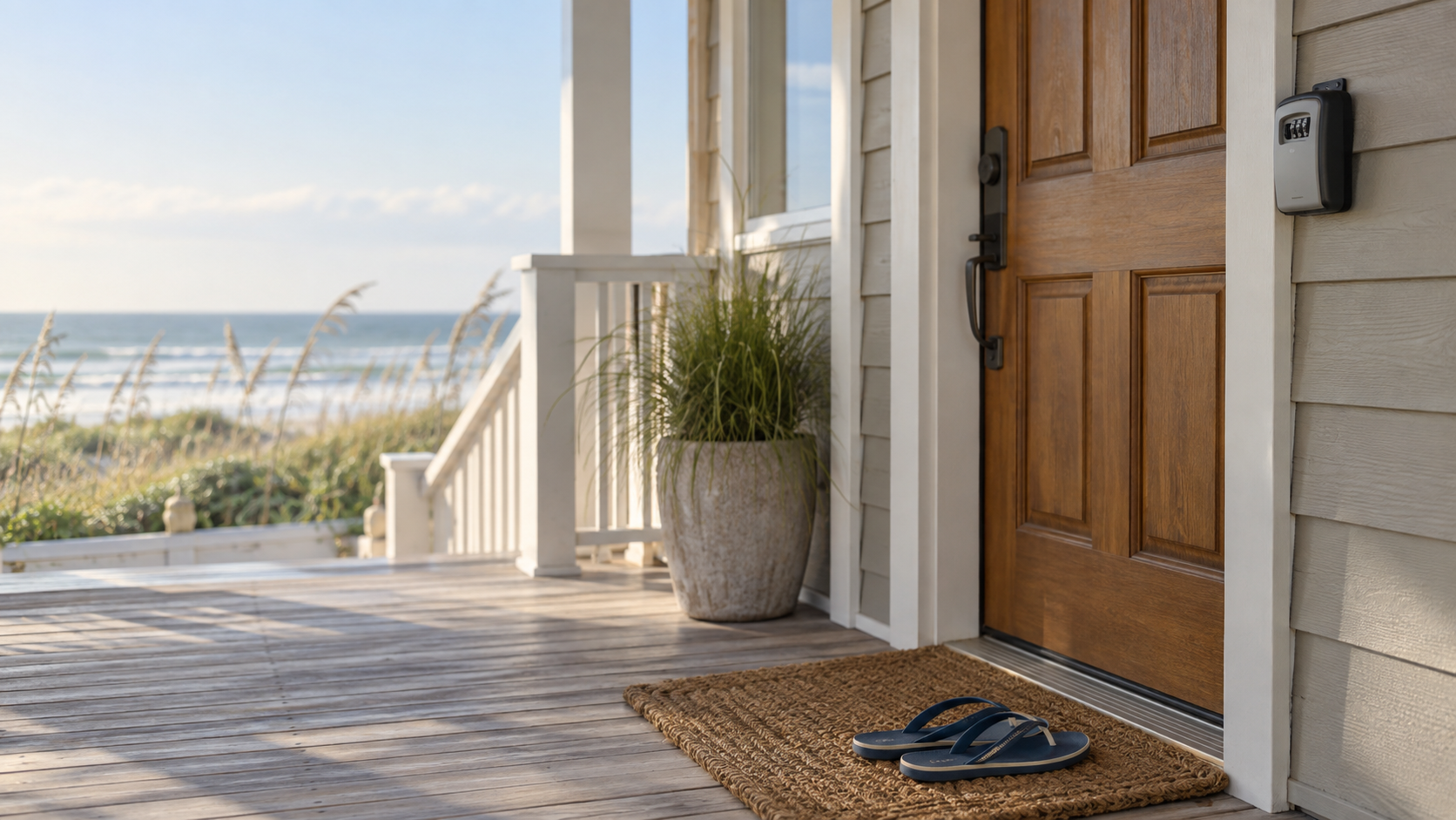 A beach cottage door with a lockbox, illustrating short term rental rules in Orange Beach and Gulf Shores, Alabama