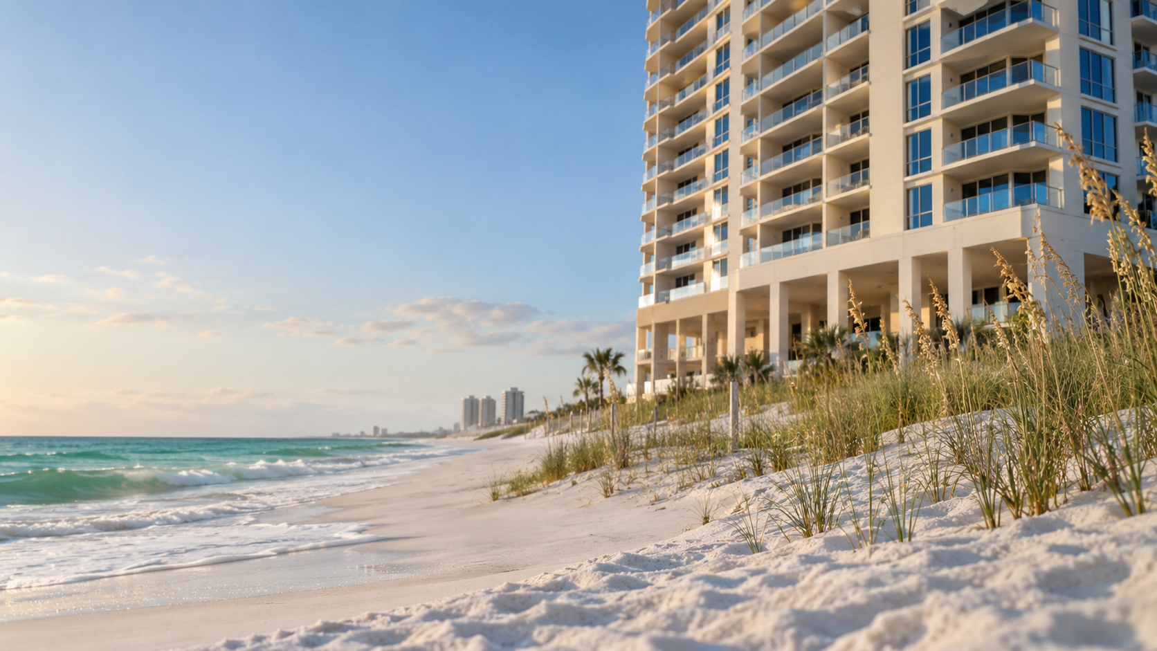 A Gulf front condo tower seen from the sand, illustrating questions to ask before buying a condo in Orange Beach, Alabama