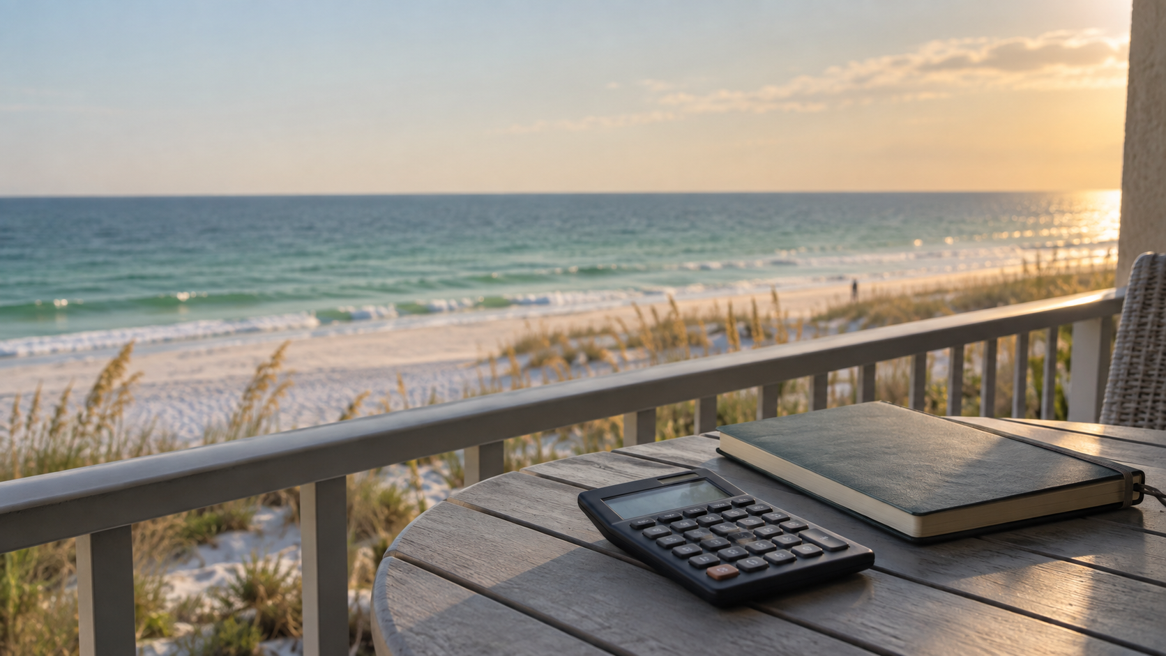 A calculator and notebook on a Gulf view balcony, illustrating how to check Orange Beach condo rental income