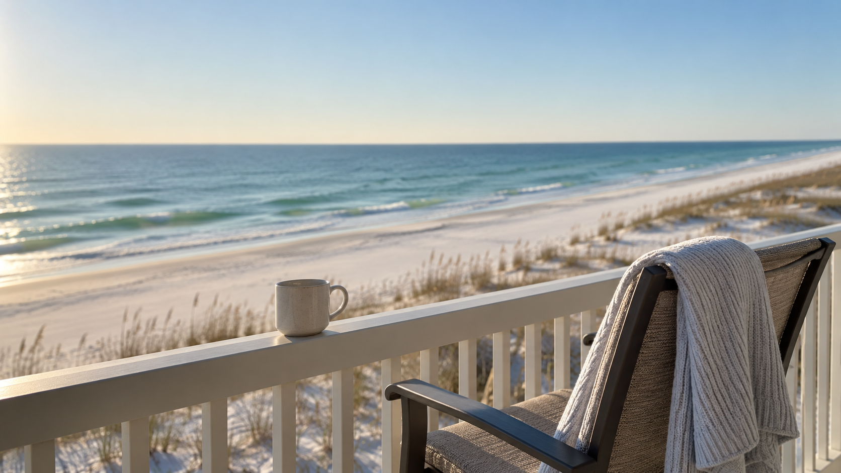A cardigan on a balcony chair above an empty winter beach, the view a snowbird buying a condo in Gulf Shores pictures