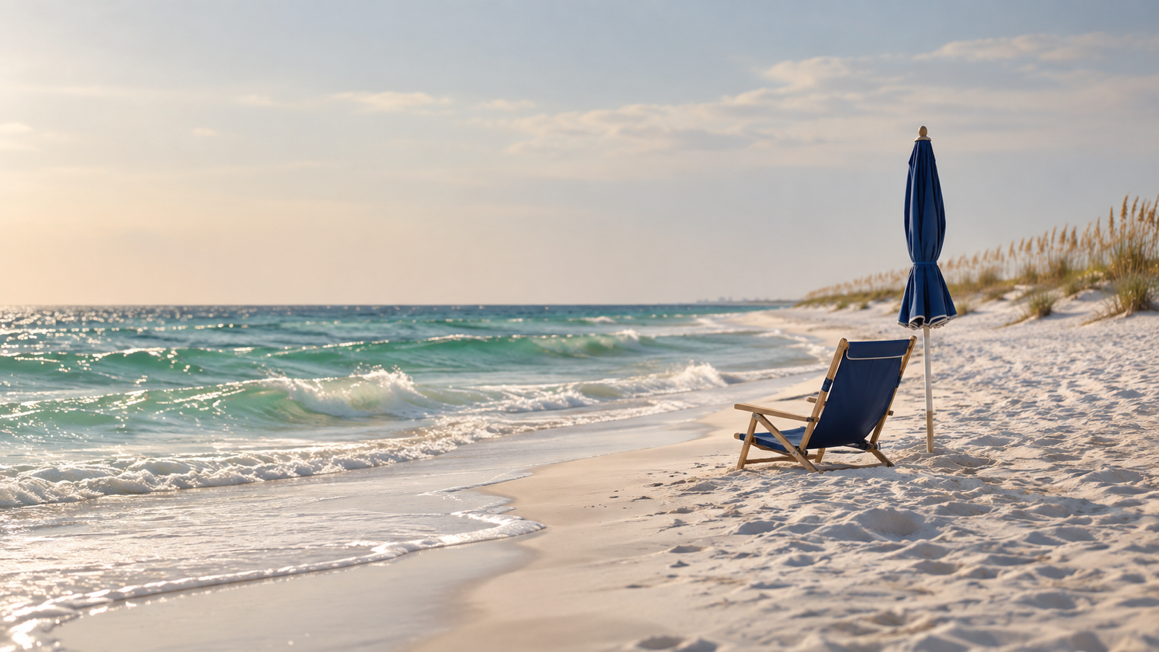 A single beach chair on a quiet October shoreline, illustrating how to sell a Gulf Shores condo in the off-season