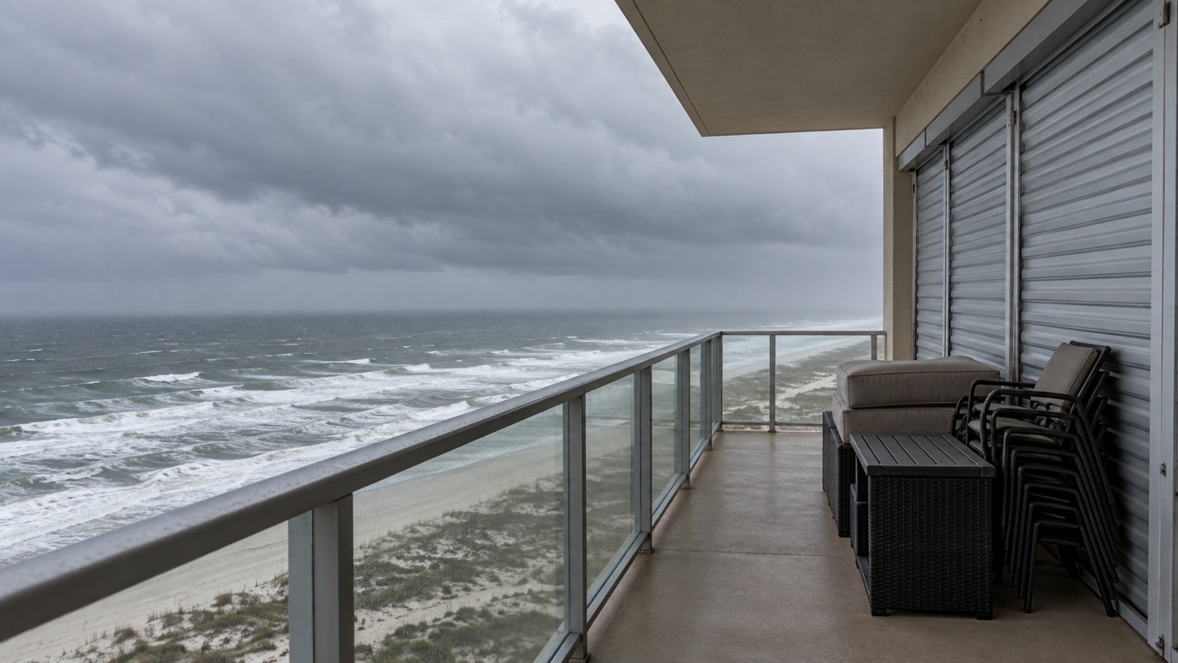Closed shutters and stacked furniture on a high-rise balcony, part of a hurricane checklist for condo owners in Orange Beach, Alabama