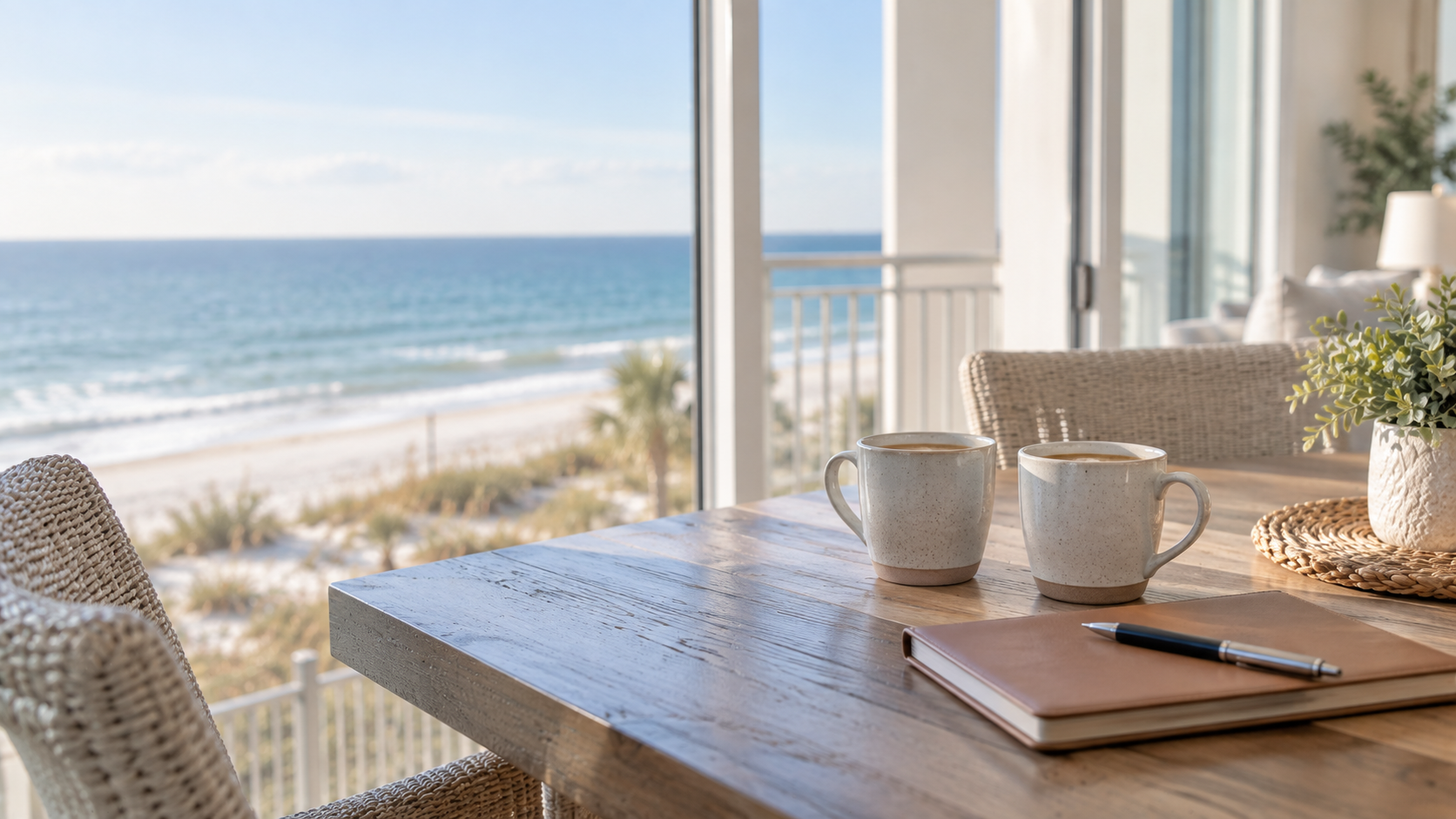 Two coffee cups and a closed notebook on a condo table by the Gulf, set for the questions to ask a realtor in Orange Beach, Alabama
