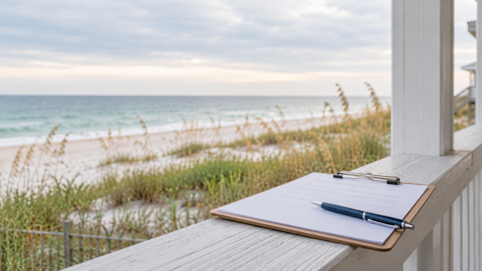 A clipboard and pen on a coastal porch rail, illustrating what Alabama sellers must disclose under caveat emptor