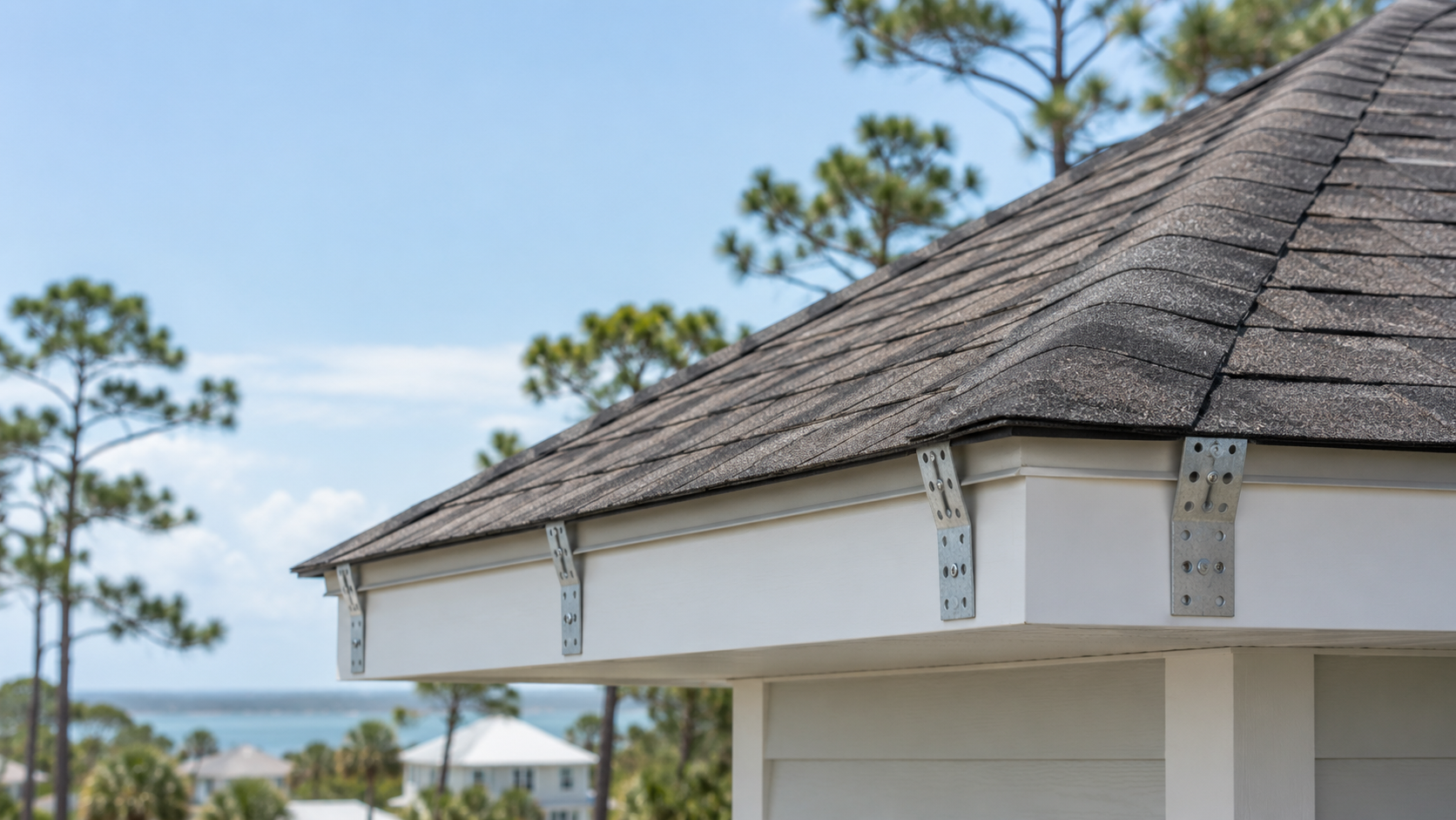 A new hip roof edge with hurricane straps on a coastal Baldwin County home, one way to lower wind and flood insurance in Baldwin County