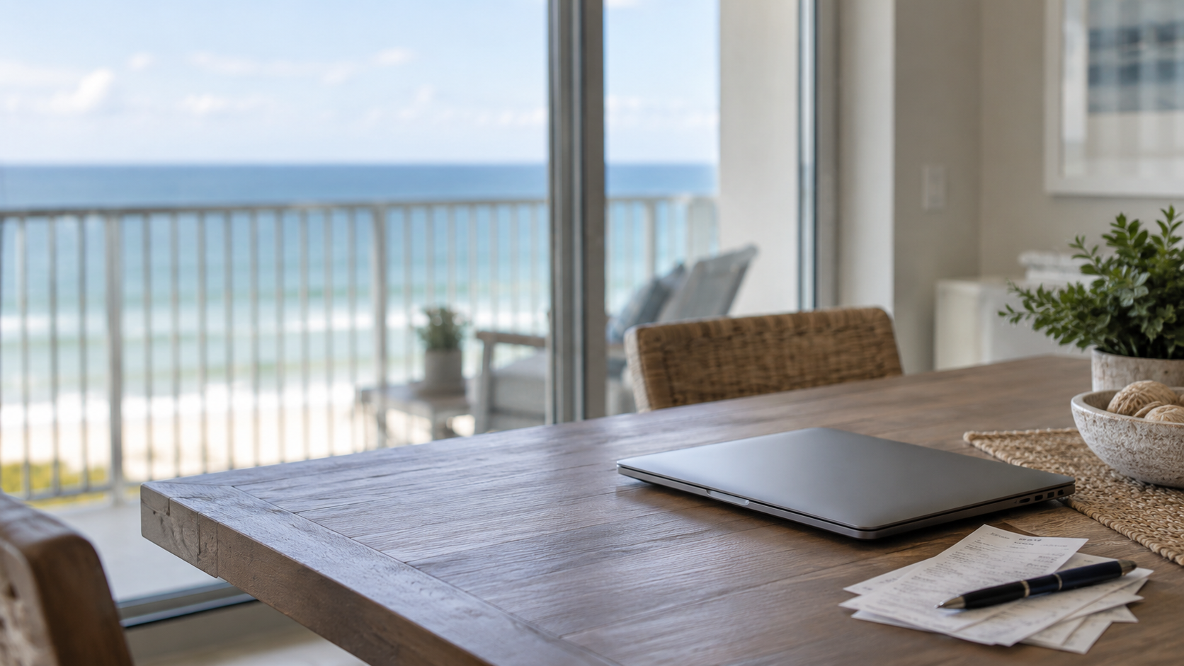 A closed laptop and receipts on a condo table in Orange Beach, the paperwork behind vacation rental taxes in Gulf Shores