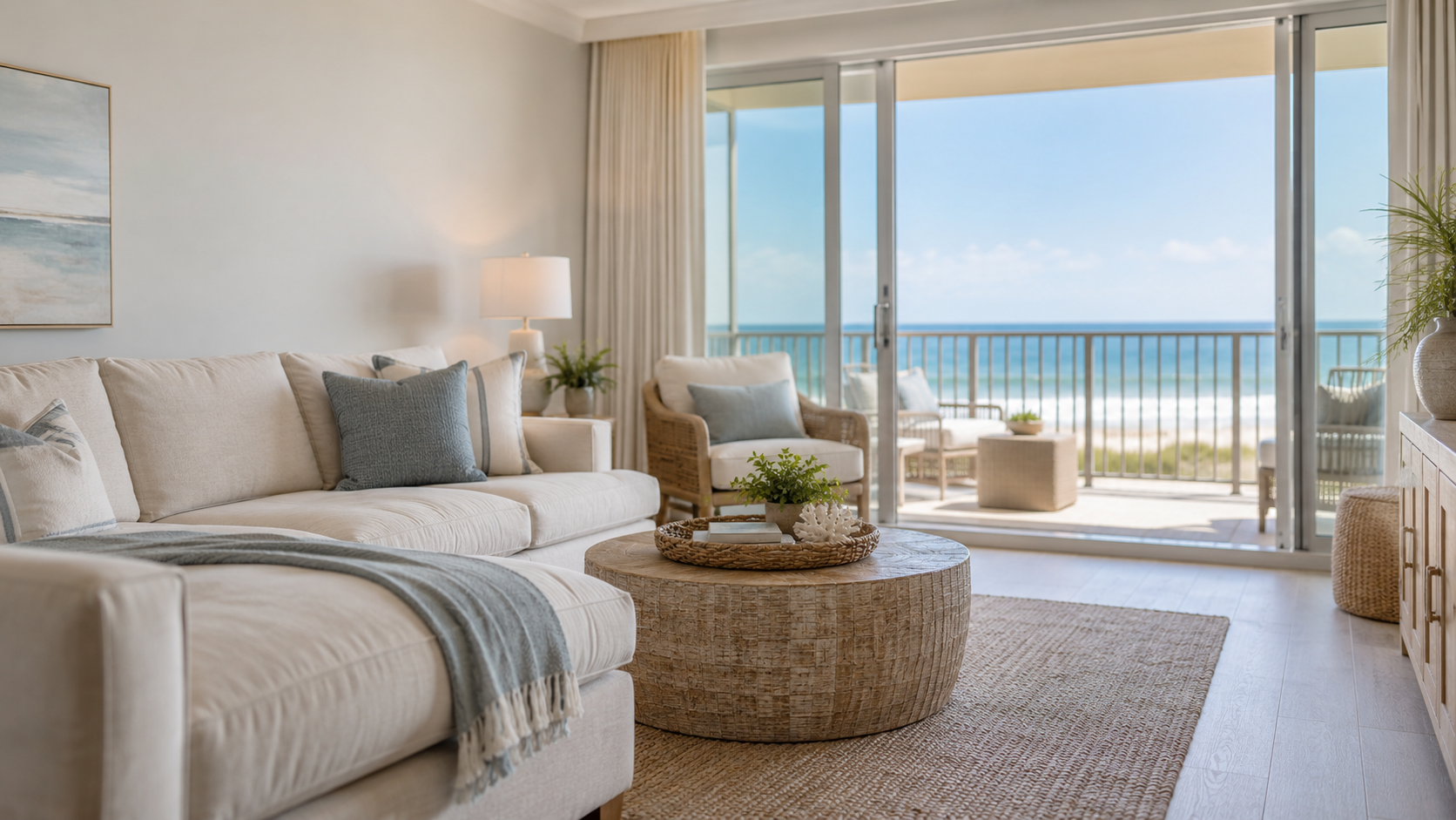 A staged Gulf front condo living room with the balcony doors open, set up for selling a beach condo in Orange Beach, Alabama