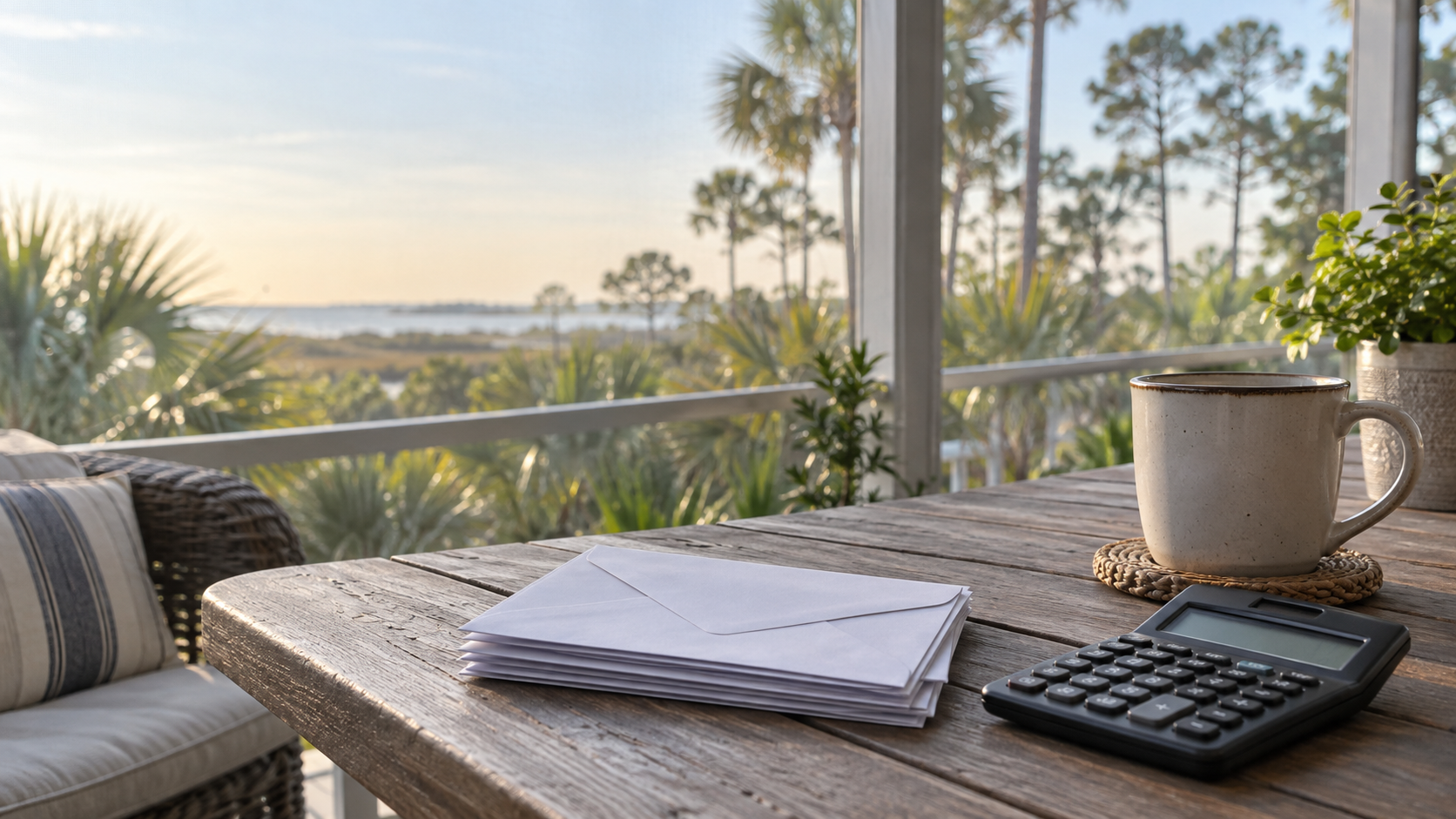 Envelopes and a calculator on a screened porch, budgeting the cost of moving to Gulf Shores Alabama