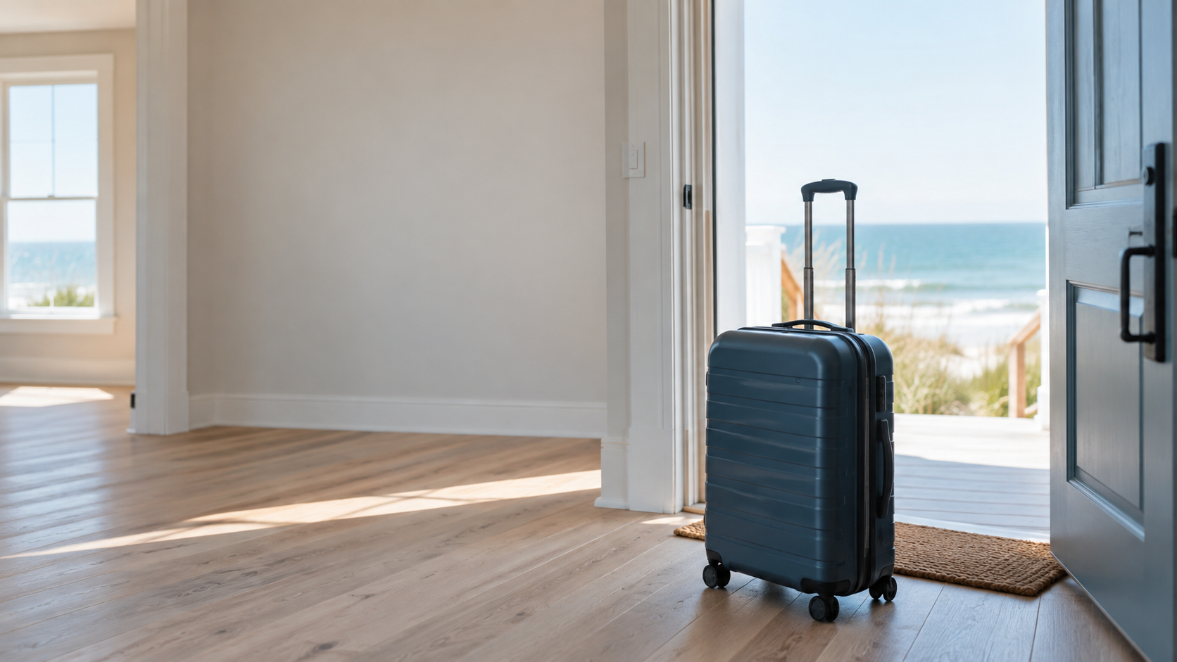 A suitcase in the open doorway of a beach house, buying in Gulf Shores from out of state