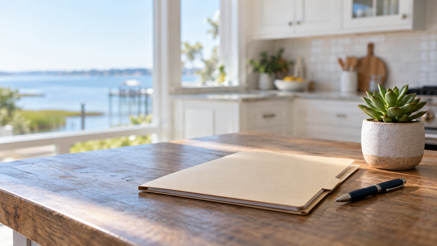 A folder and pen on a coastal Alabama kitchen table, filing property tax exemptions Baldwin County homeowners can claim