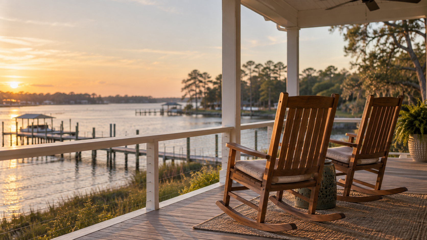 Two rocking chairs on a covered porch above the Orange Beach back bay, the view many people picture when retiring to Gulf Shores
