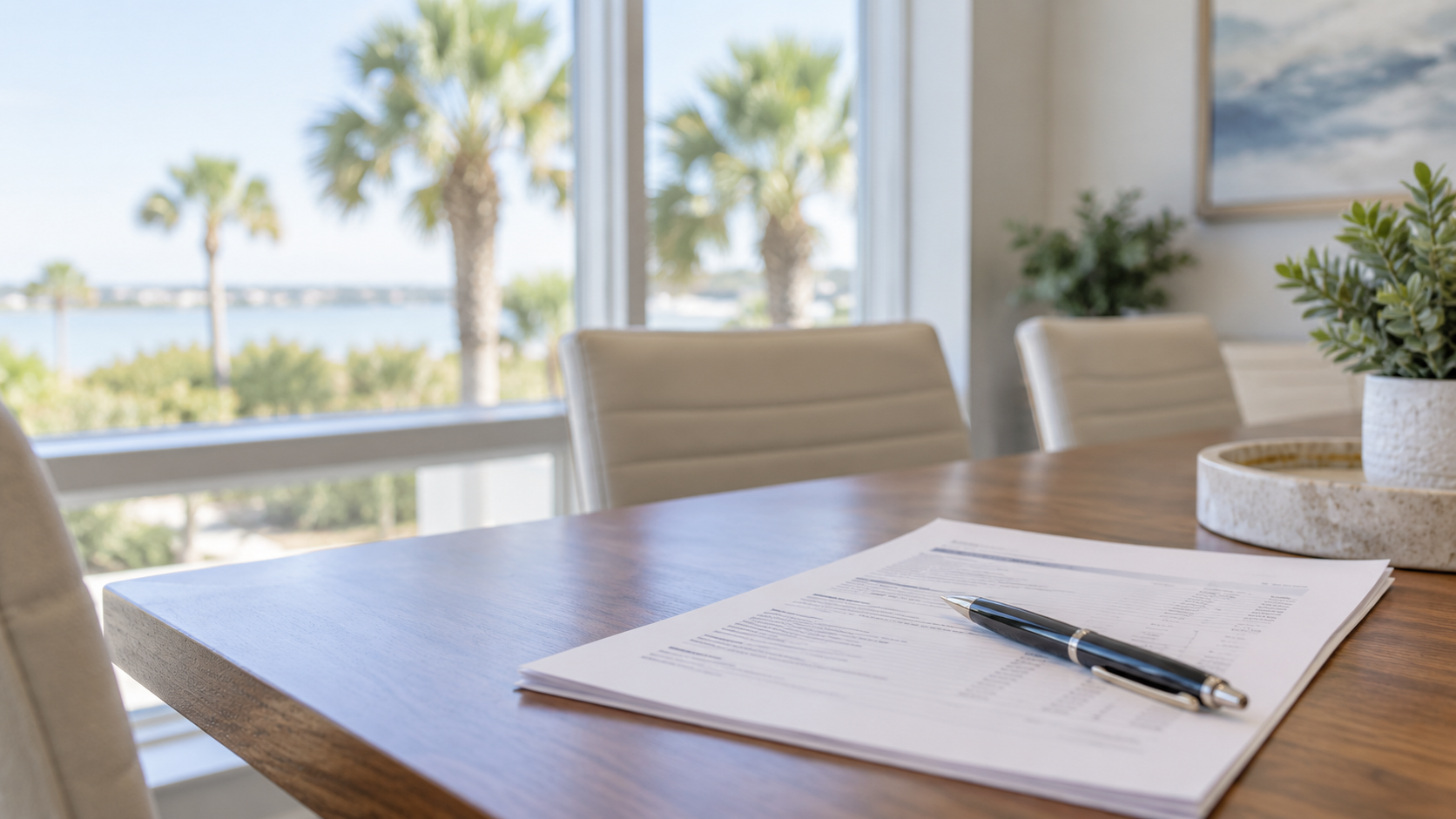 A printed closing statement and a pen on a conference table, the seller closing costs in Baldwin County, Alabama