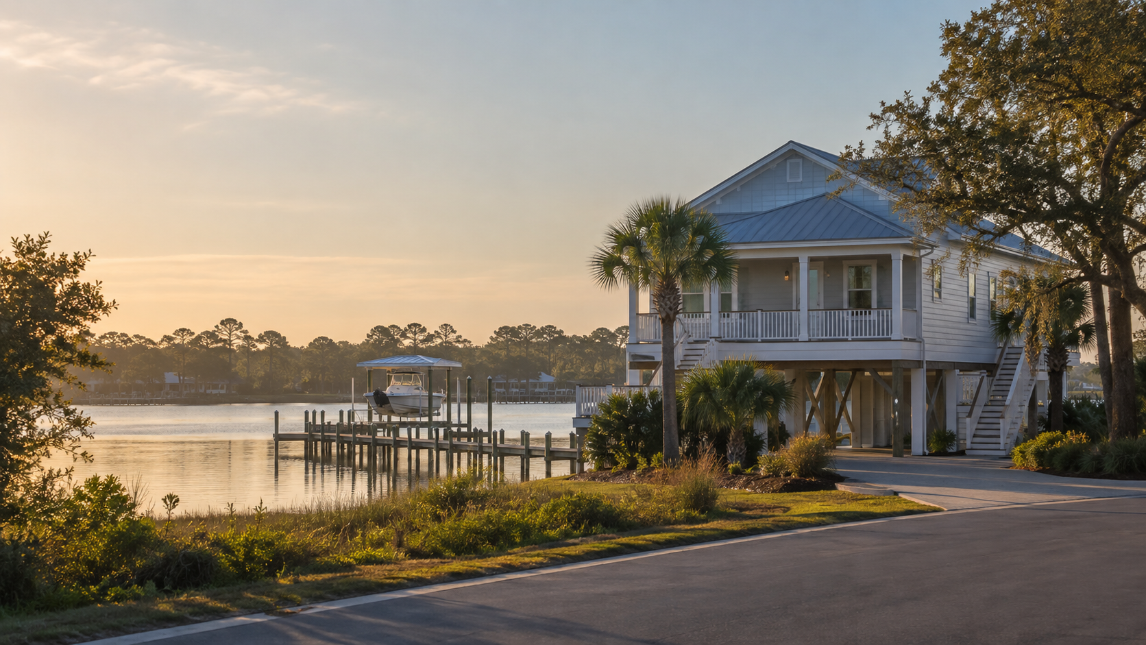 A quiet waterfront street with a private dock, one of the best neighborhoods in Orange Beach, Alabama for full-time living