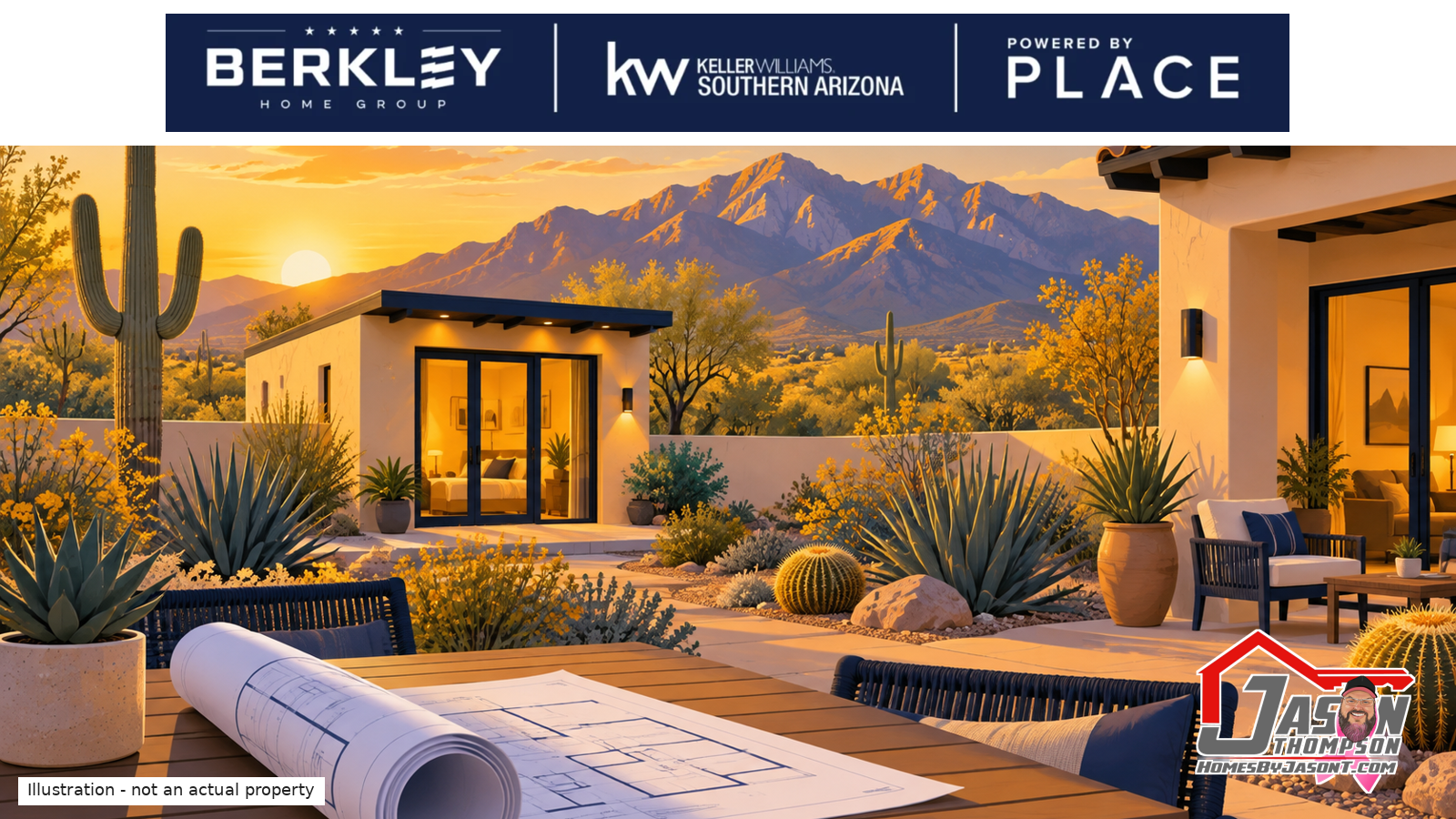 Illustration of a small casita and a stucco home in a Sonoran Desert yard with saguaros, mountains and a roll of building plans on a patio table.