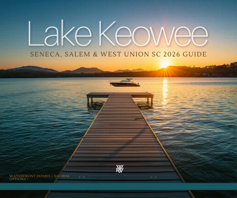 Lake Keowee waterfront dock at sunset with Blue Ridge mountain views for 2026 homes in Seneca, Salem and West Union SC.