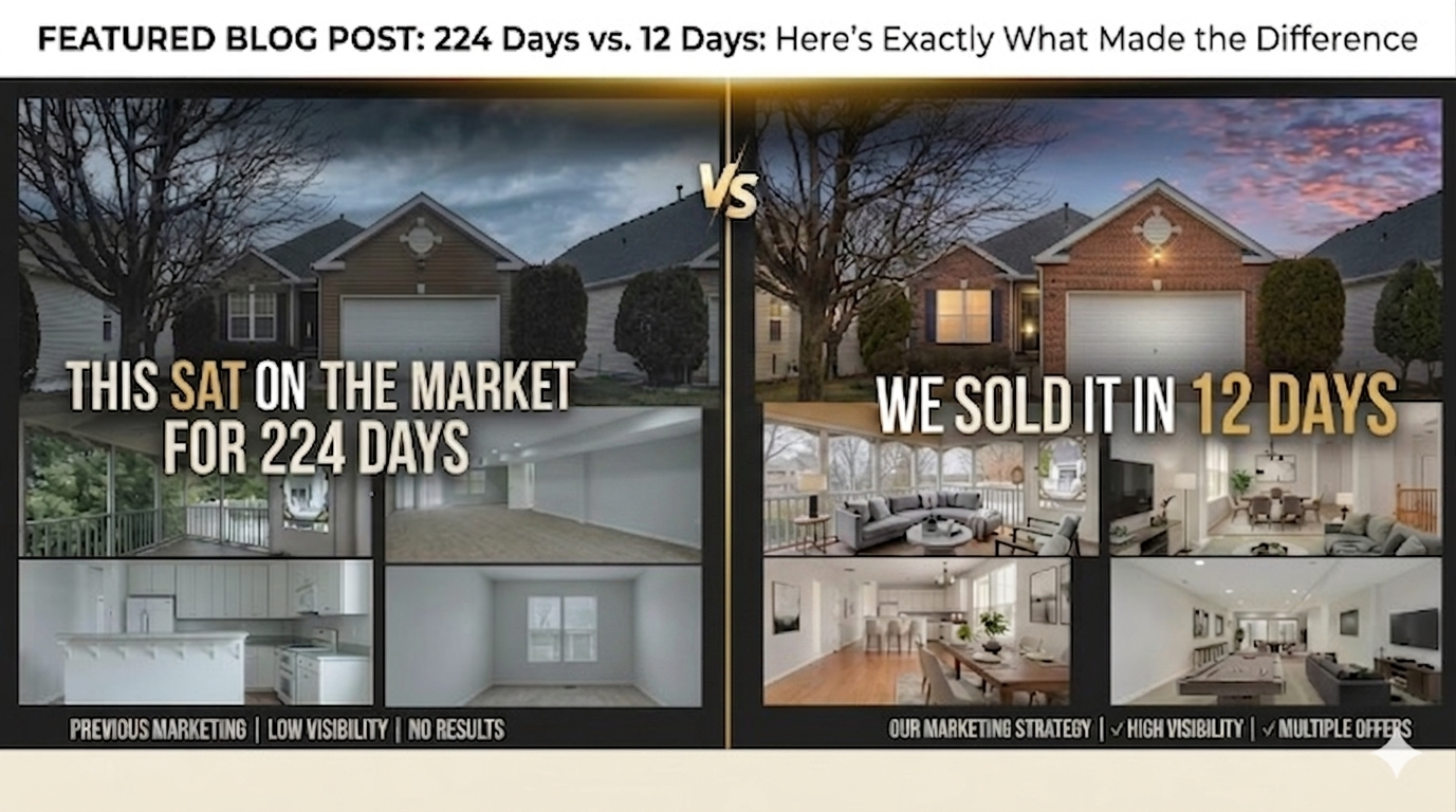 Margoupis Real Estate Team marketing comparison — 224 days on market with previous agent vs. 12 days sold in Fredericksburg Virginia