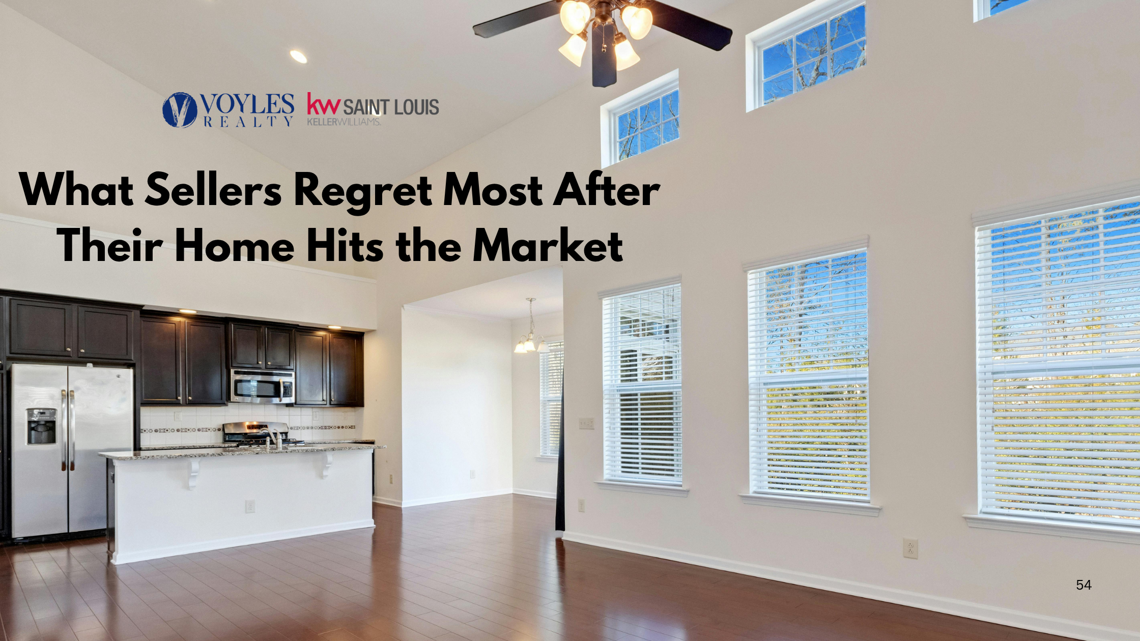 A bright, modern open-concept kitchen and living room with high ceilings and dark wood flooring. The image features the Voyles Realty and KW Saint Louis logos with the blog title, 