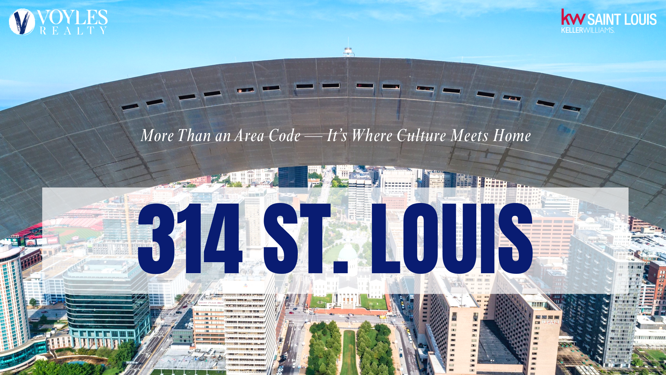 Aerial view of downtown St. Louis framed by the Gateway Arch with bold text overlay reading “314 St. Louis: More Than an Area Code — It’s Where Culture Meets Home.”