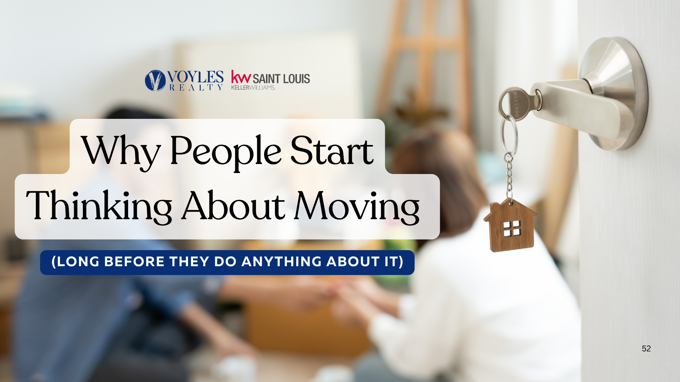 A blog banner titled 'Why People Start Thinking About Moving' featuring a blurred couple in the background and a close-up of a house key in a door lock. Includes Voyles Realty and KW Saint Louis logos.