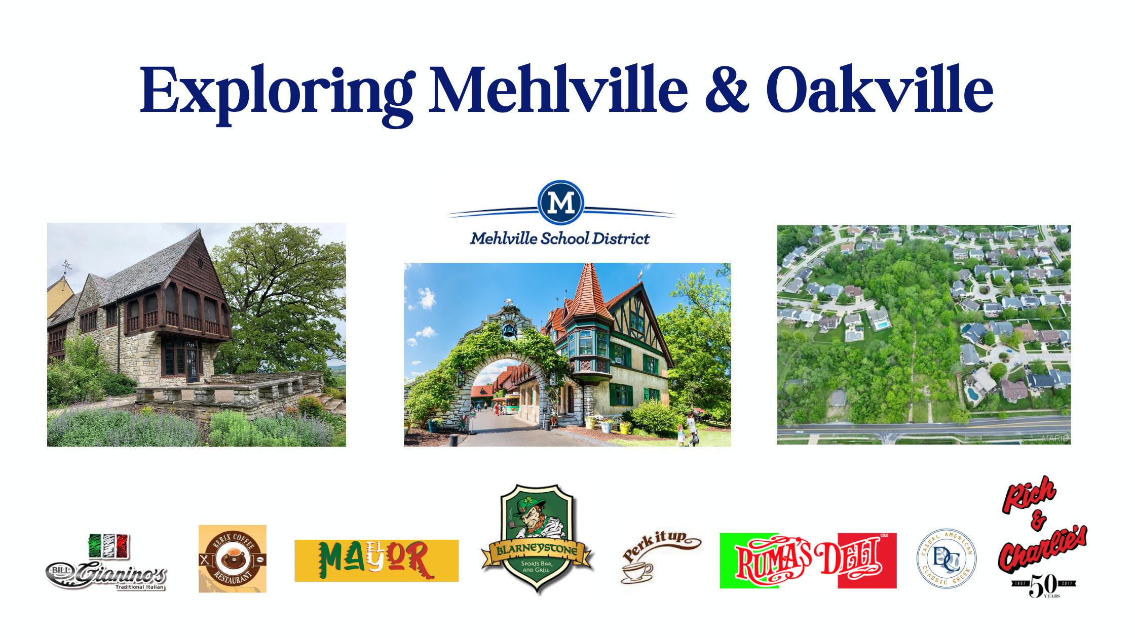 Header banner for a blog titled ‘Exploring Mehlville & Oakville,’ featuring images of local landmarks, aerial neighborhood views, and the Mehlville School District logo, along with logos of popular area restaurants and businesses.