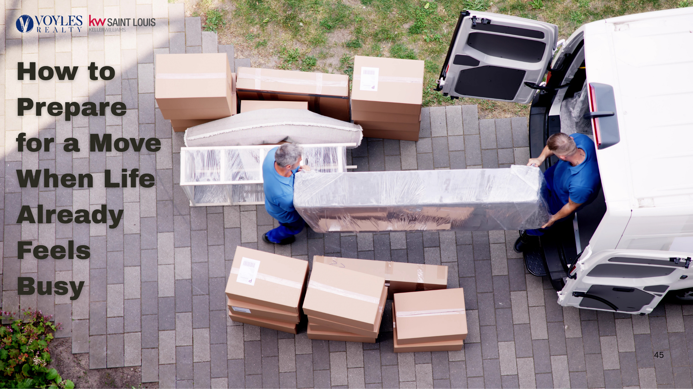 Overhead view of two movers in blue uniforms loading a large, plastic-wrapped piece of furniture into a white moving van, surrounded by stacks of cardboard boxes on a brick driveway.