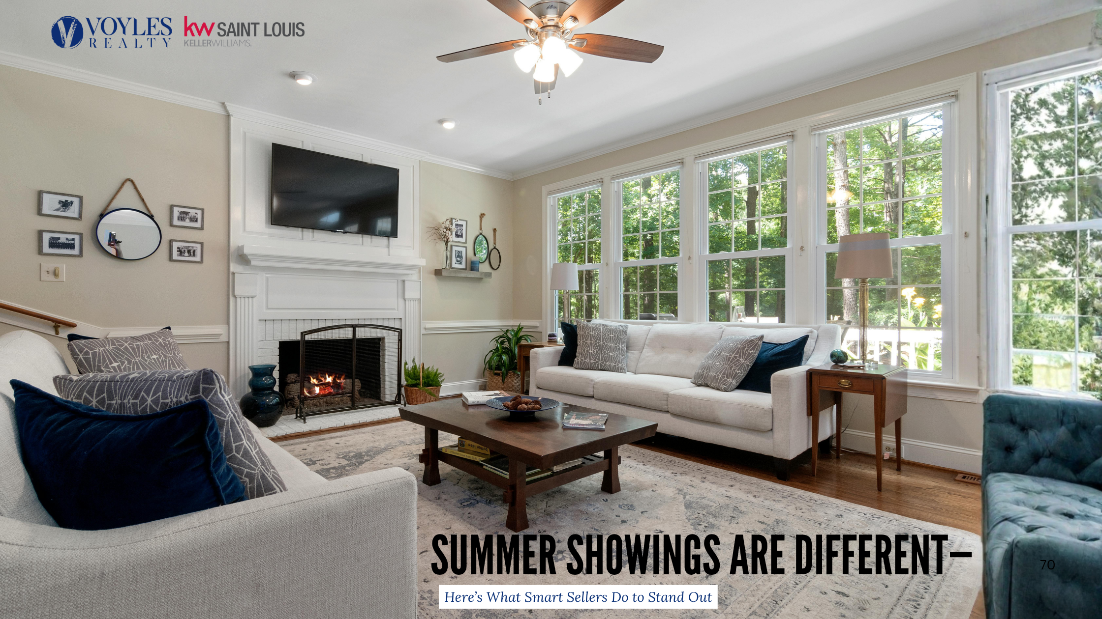 A bright and airy living room with large windows looking out onto a lush, green yard. The image shows a white fireplace with a mantle, two light-colored sofas with navy and patterned accent pillows, and a dark wood coffee table on a patterned rug. Text at the bottom reads, 
