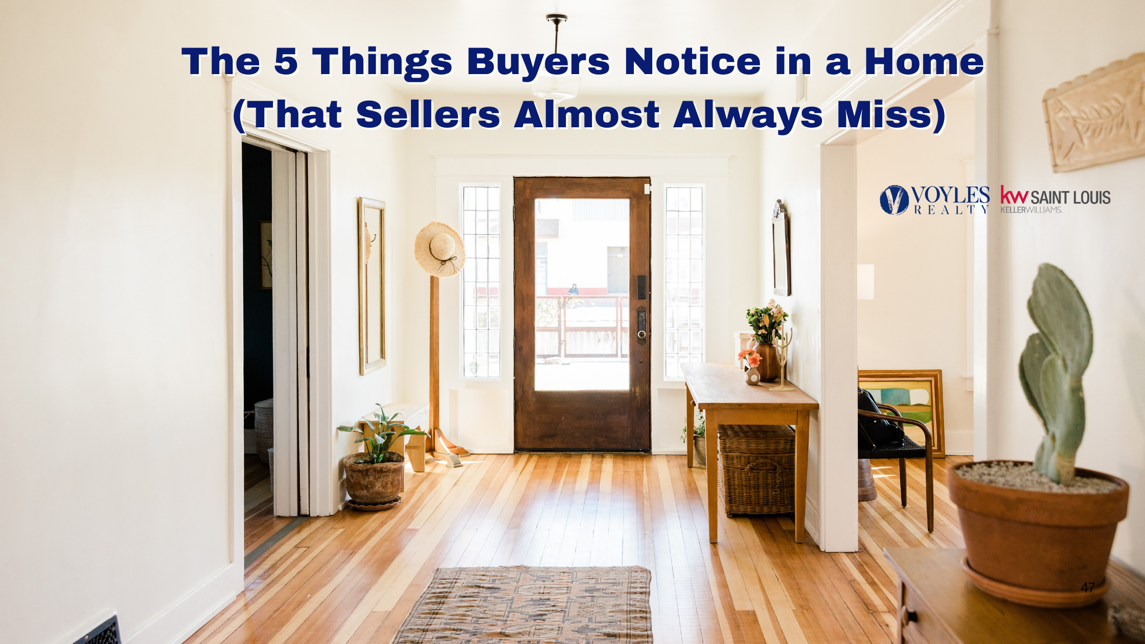 A bright and airy home entryway with natural wood floors and a glass-paneled front door, illustrating how first impressions and lighting influence home buyers.