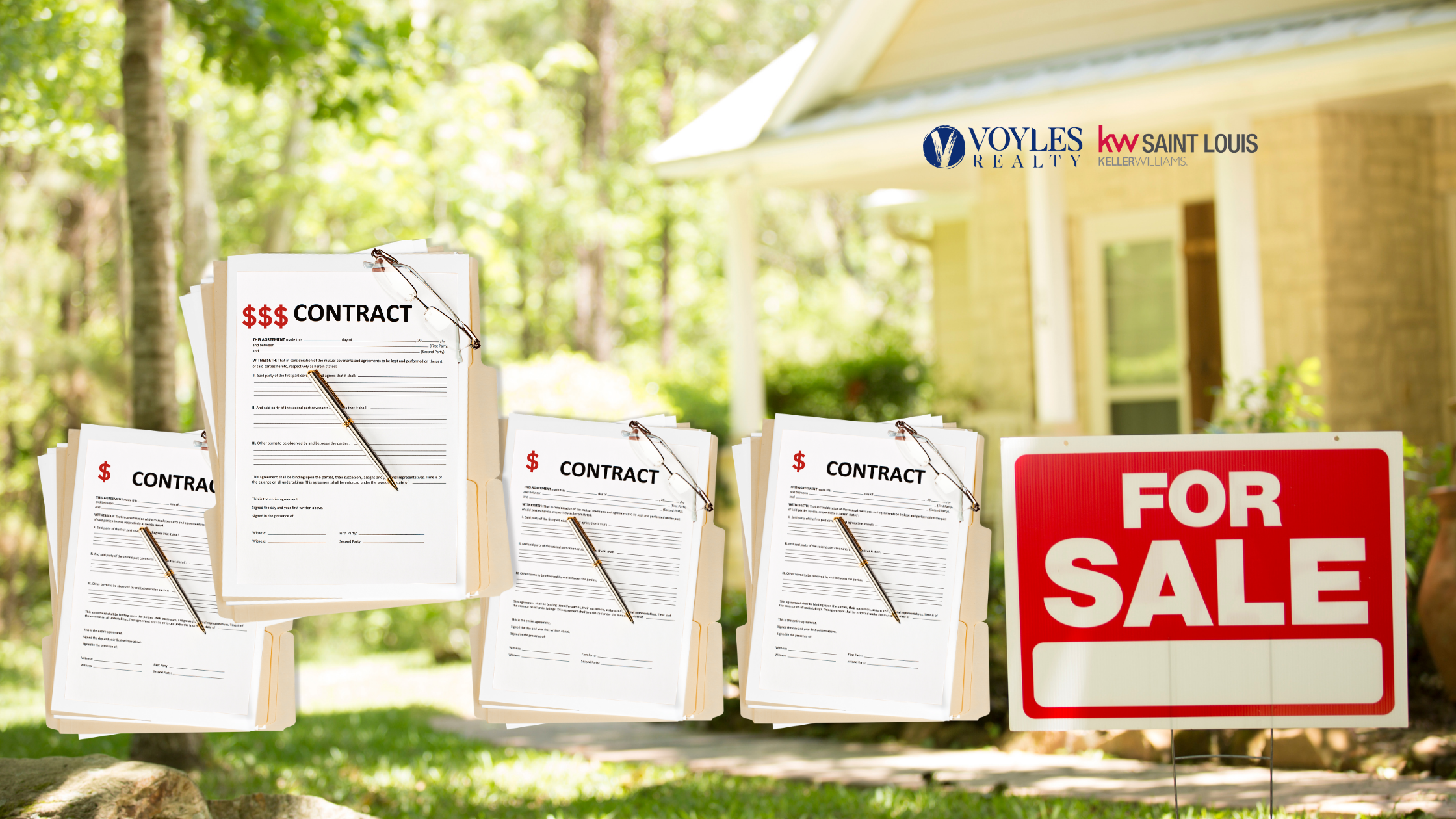 Multiple real estate contracts with dollar signs clipped in folders next to a red 'FOR SALE' sign in front of a residential home, featuring Voyles Realty Keller Williams branding.