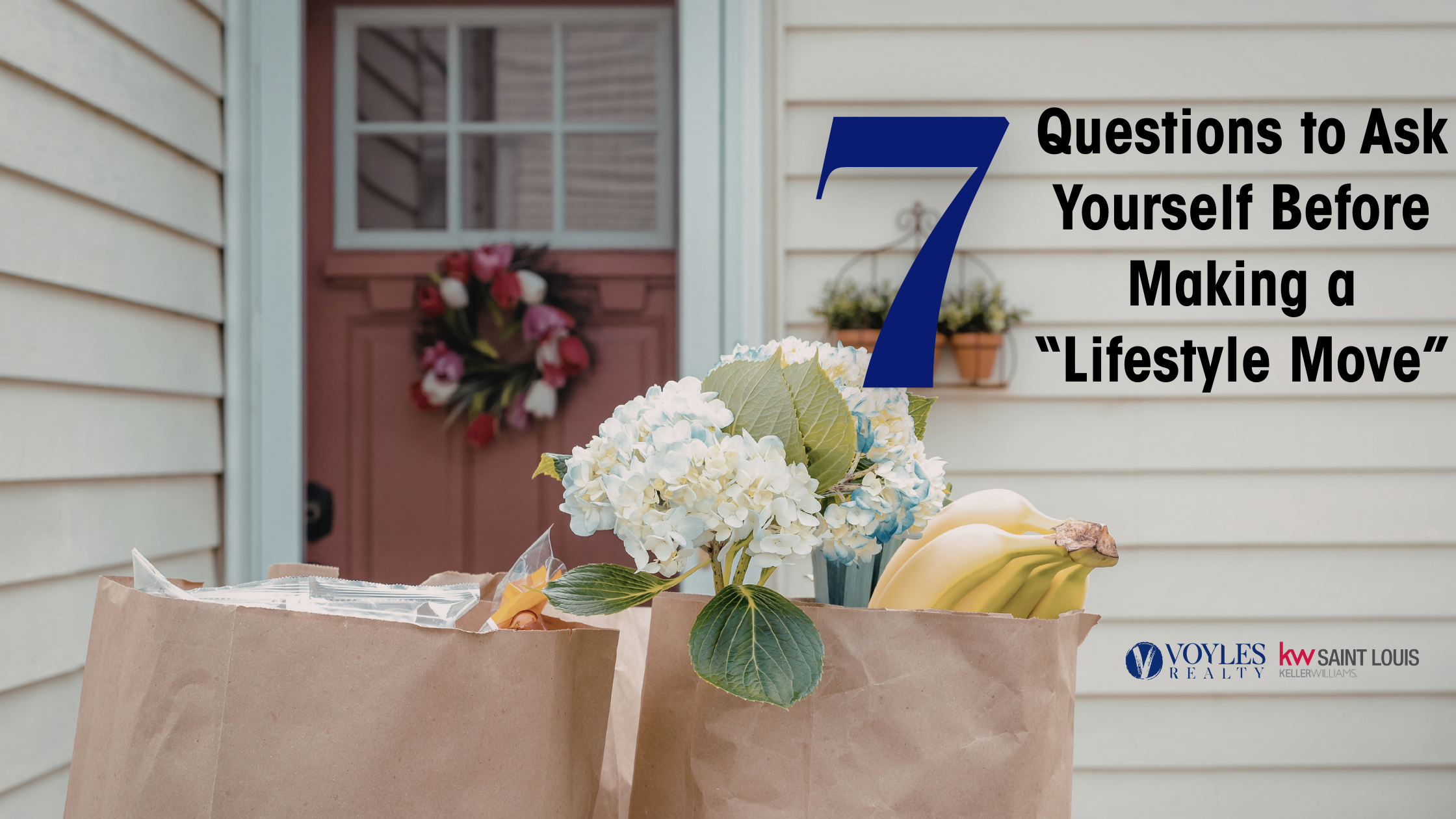 Two brown paper grocery bags filled with flowers and bananas sit on a porch in front of a house with light siding and a pink front door. Large navy blue text overlays the scene reading 