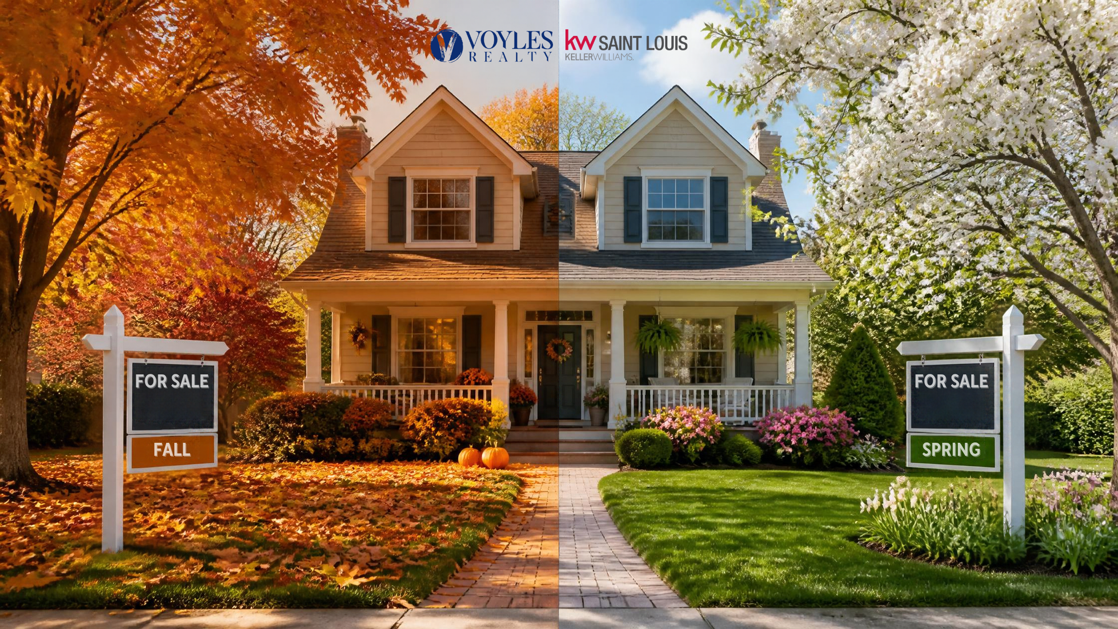 Split-screen image showing the same house in autumn with vibrant fall foliage, pumpkins, and a 