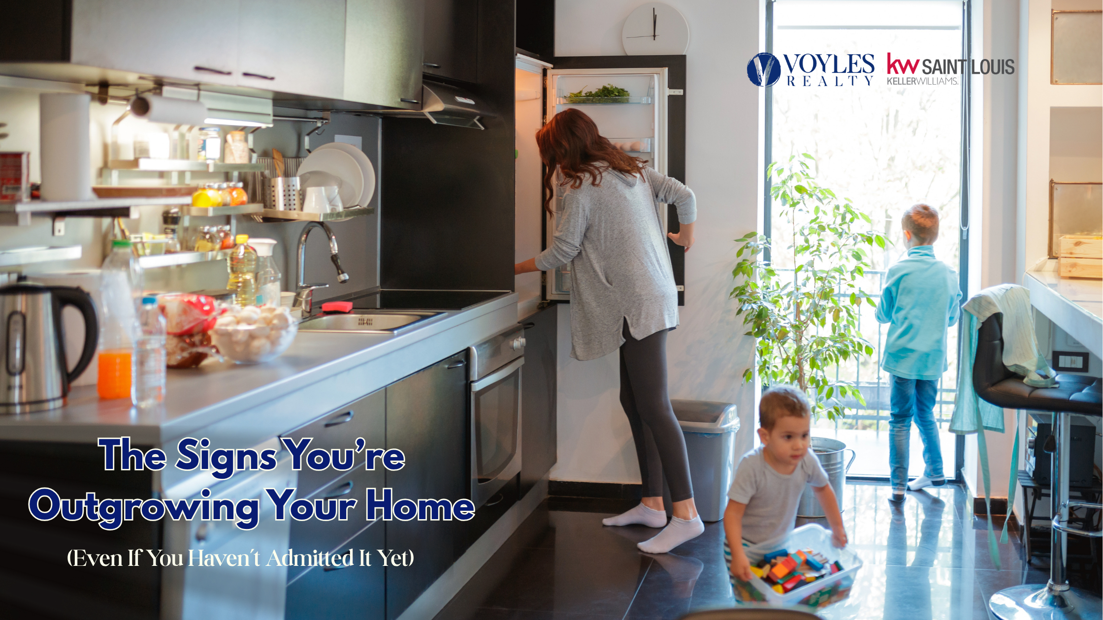 A busy modern kitchen scene showing a woman looking into an open refrigerator, while two young children play on the floor nearby. The image includes real estate logos and the headline text 'The Signs You’re Outgrowing Your Home (Even If You Haven’t Admitted It Yet)'