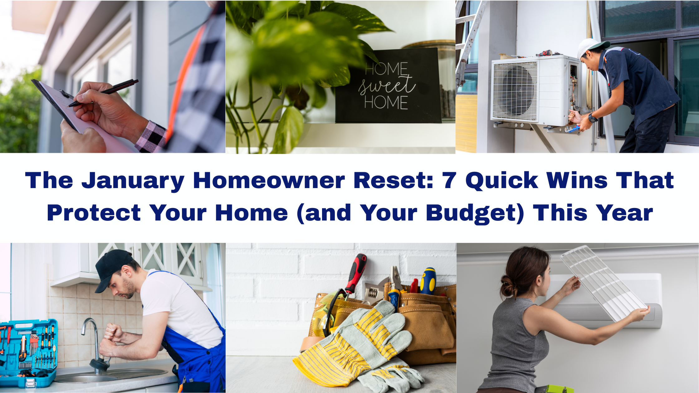 A collage of homeowners and professionals performing maintenance tasks like plumbing and AC repair. Central text reads: 