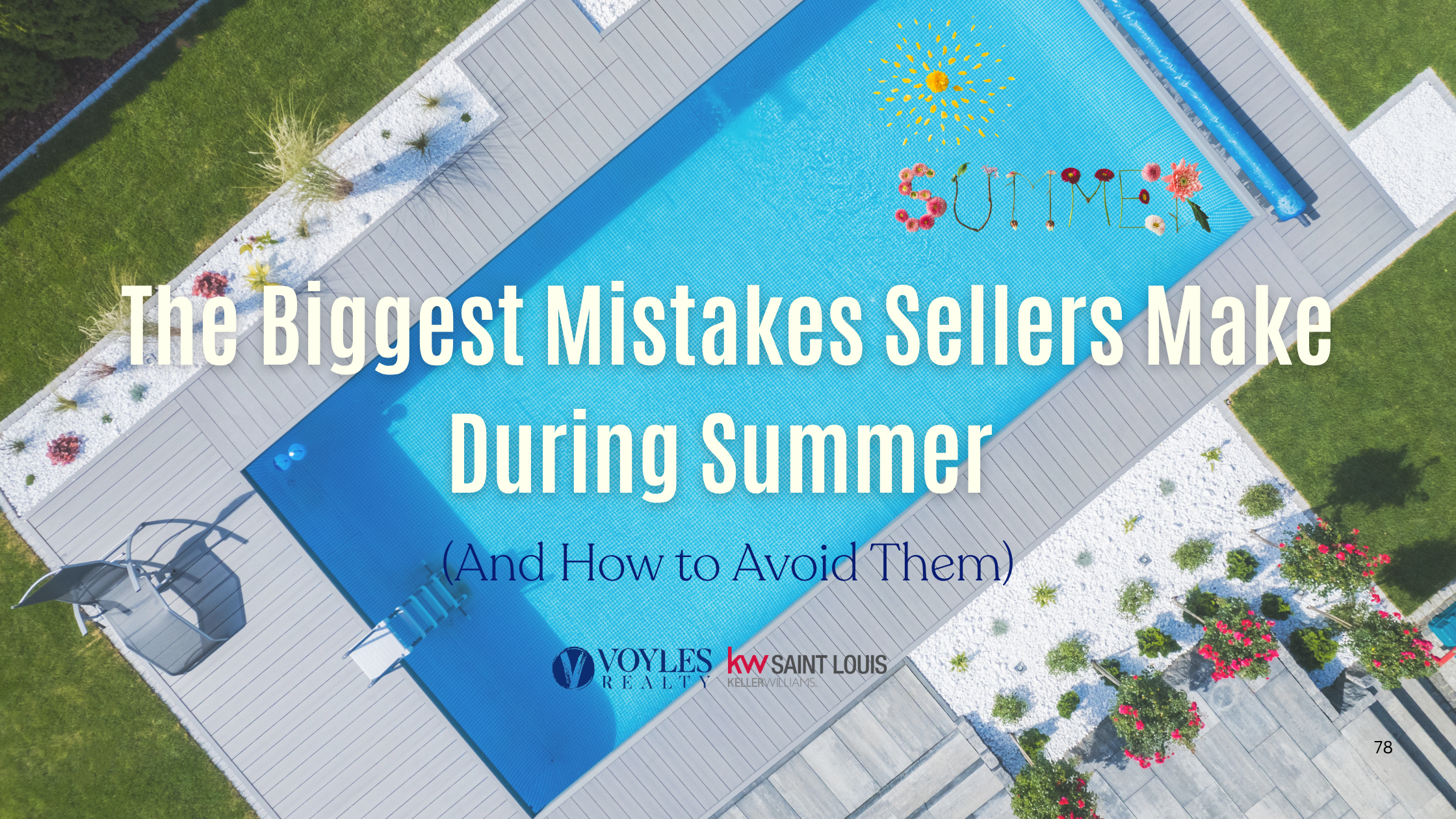 Aerial view of a backyard swimming pool and patio with text overlay: 