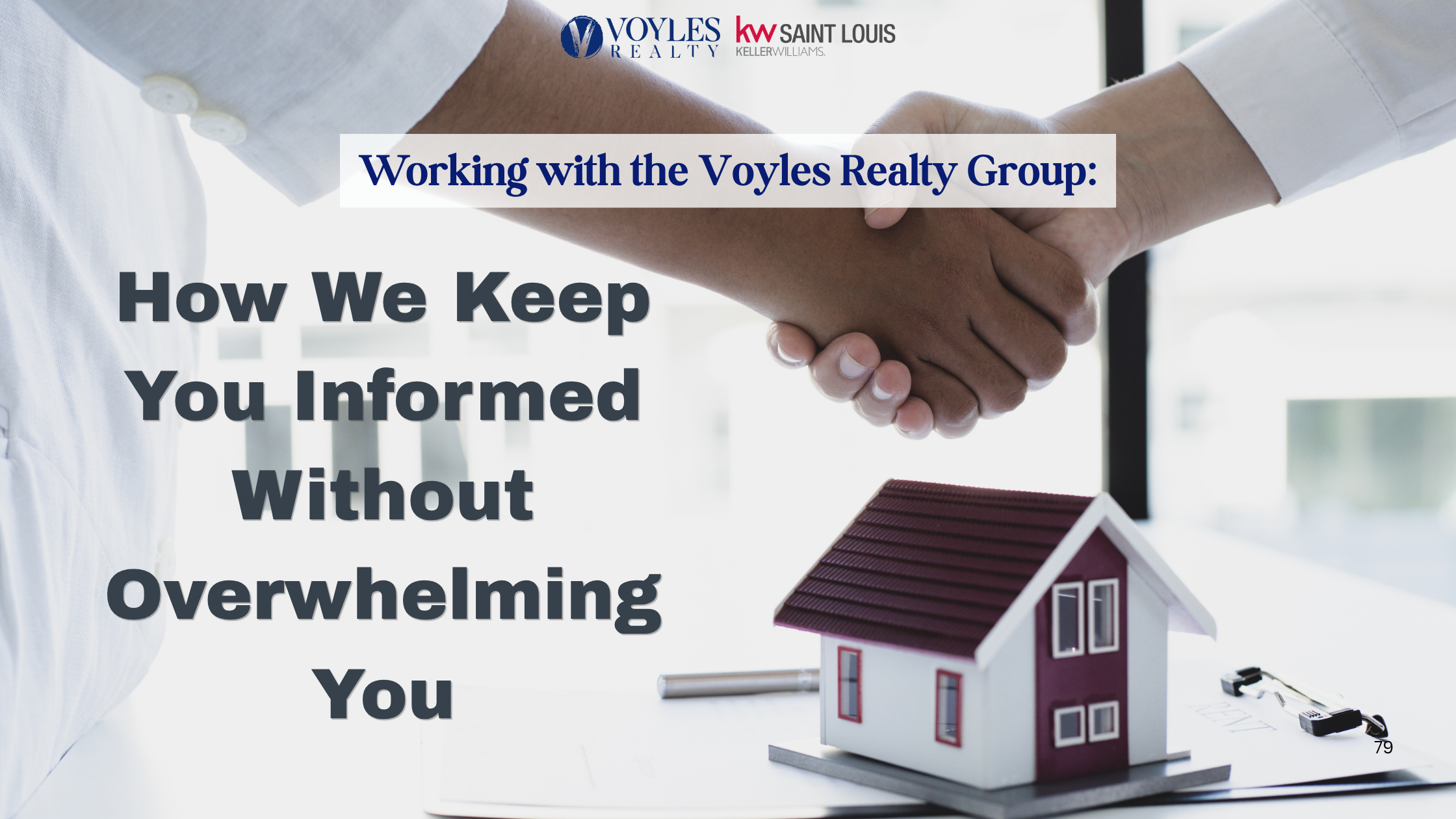 Voyles Realty Group blog header showing two people shaking hands next to a model house with the post title, How We Keep You Informed Without Overwhelming You.