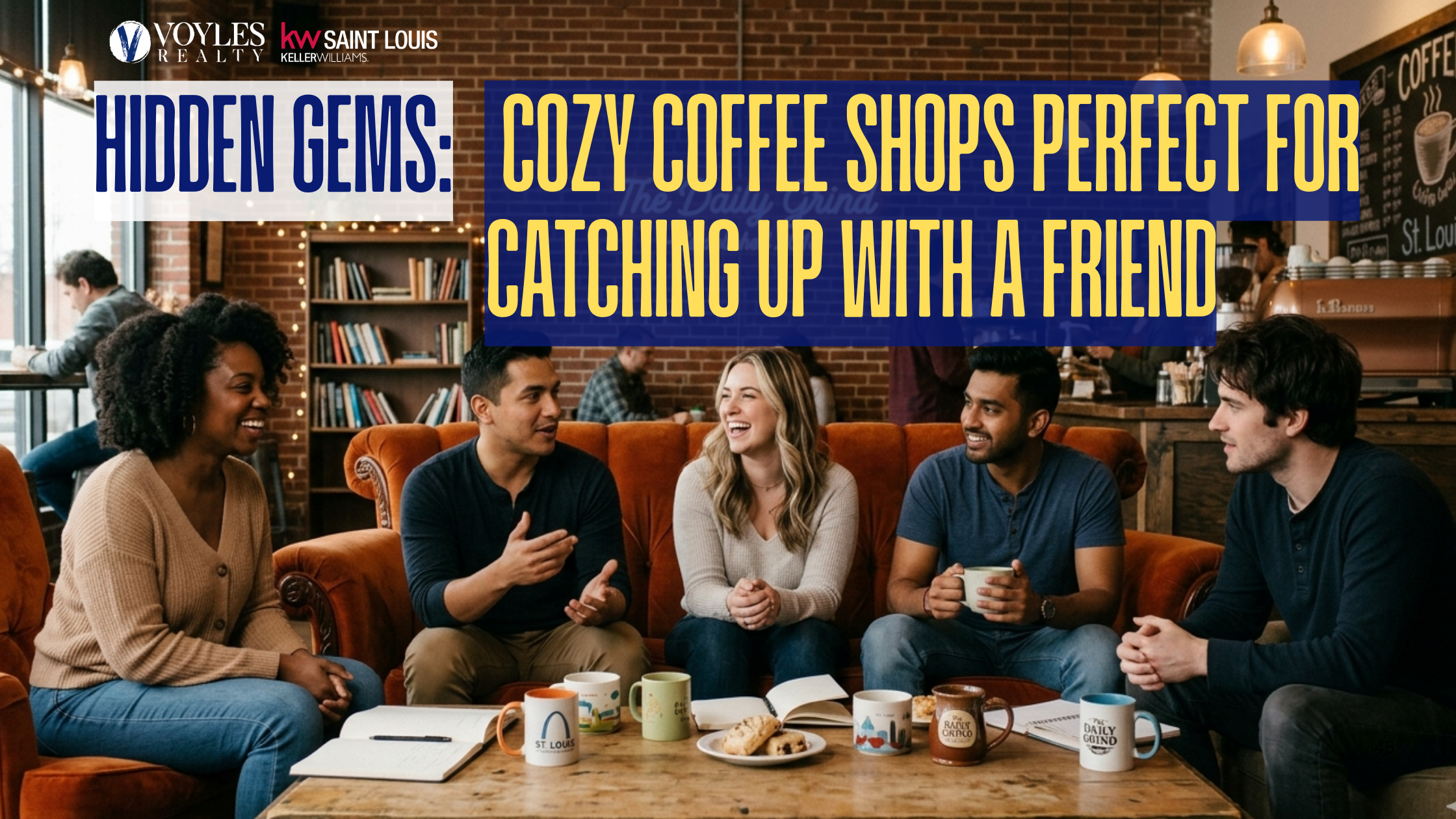 Voyles Realty blog banner showing a group of friends laughing on an orange couch in a cozy St. Louis coffee shop, featuring the title 
