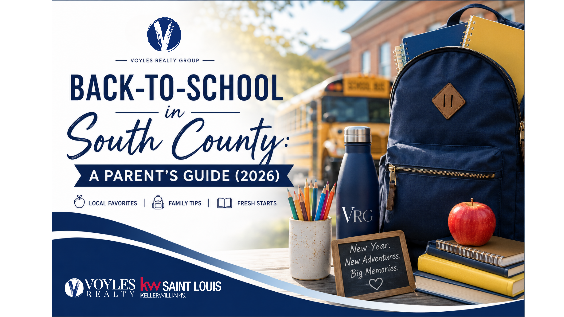 Back-to-School in South County 2026 banner featuring a backpack, school supplies, a school bus, and family-focused resources from Voyles Realty Group.