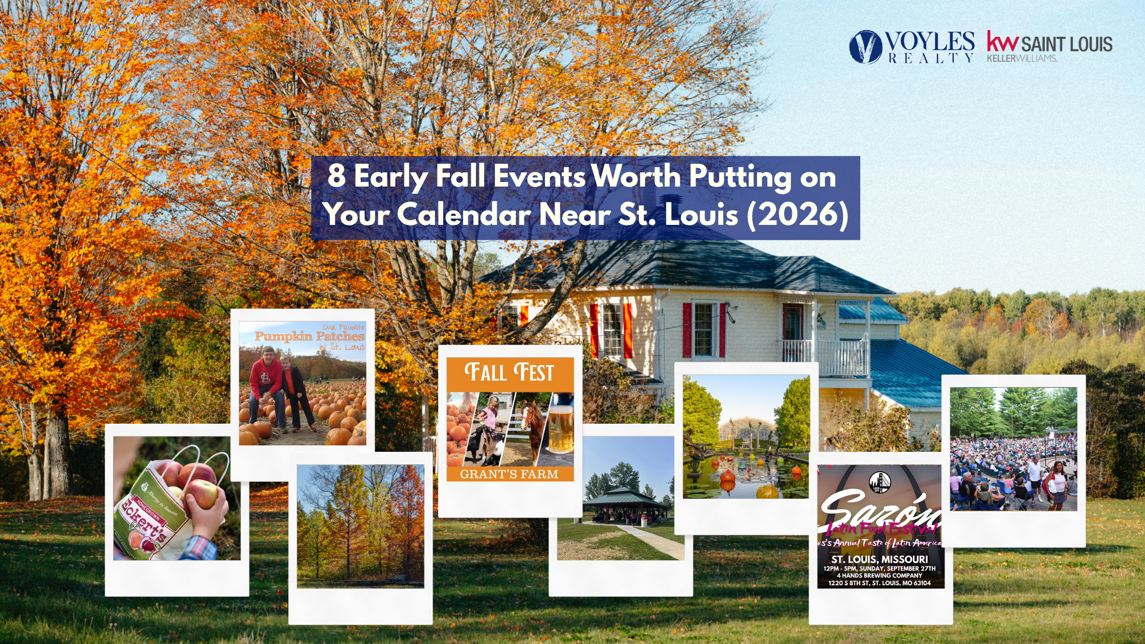 Scenic autumn background with colorful orange foliage and a photo collage of St. Louis early fall events, including apple picking at Eckerts, pumpkin patches, Grant's Farm, and the Sazón Latin Food Festival with text reading 8 Early Fall Events Worth Putting on Your Calendar Near St. Louis (2026).