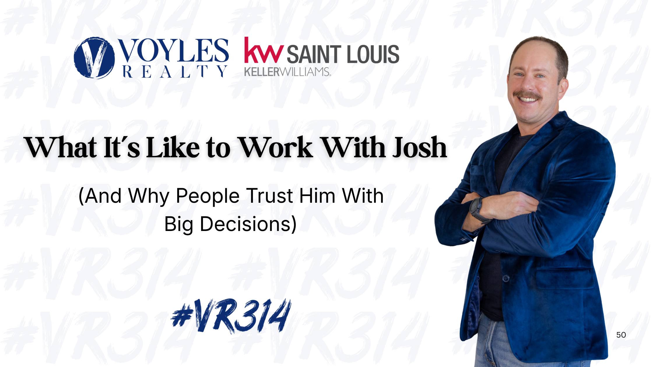 Promotional graphic for Voyles Realty featuring Josh Voyles of KW Saint Louis. Josh is smiling in a blue velvet blazer against a white background with the blog title: 