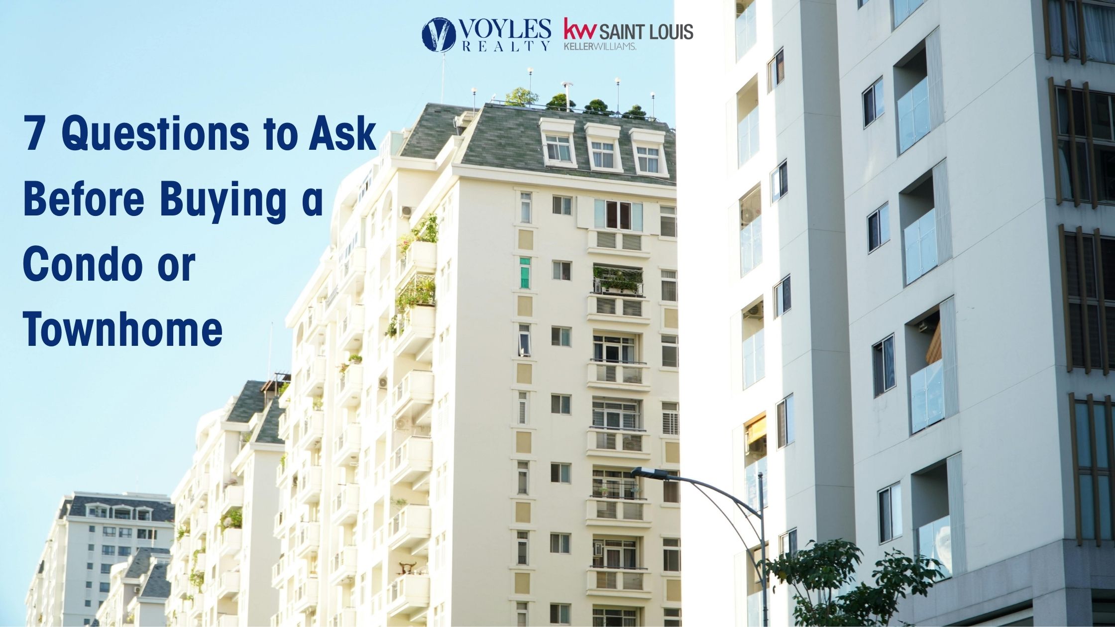 A bright, high-angle view of modern white multi-story condominium buildings against a clear blue sky, featuring the blog title 