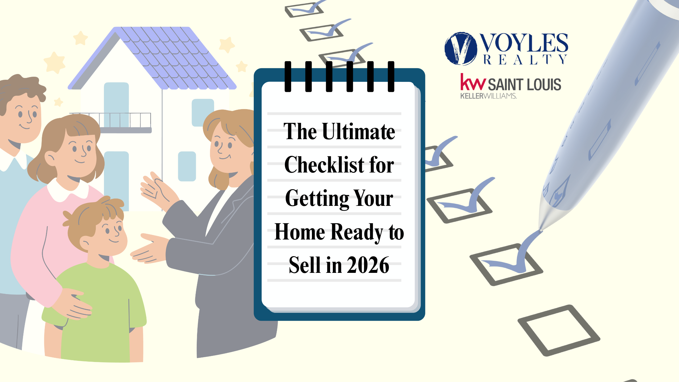 Illustration of a real estate agent greeting a family in front of their home, with a checklist and pen symbolizing home-selling preparation for 2026.