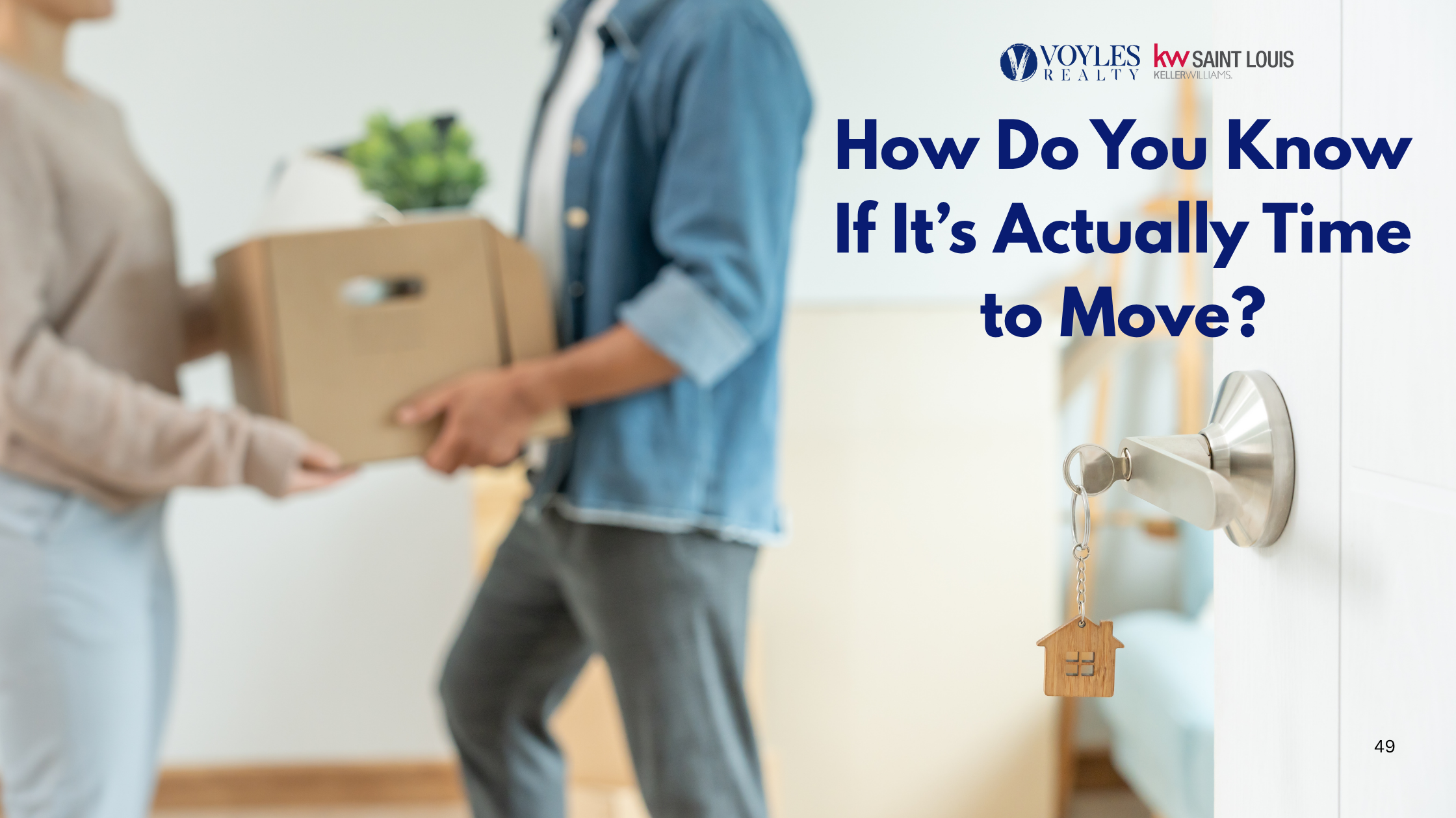 A blurred background showing a couple carrying a cardboard box during a move, with a sharp focus on a house-shaped keychain in a door lock. Text overlay reads: 'How Do You Know If It’s Actually Time to Move?' with Voyles Realty and KW Saint Louis logos.