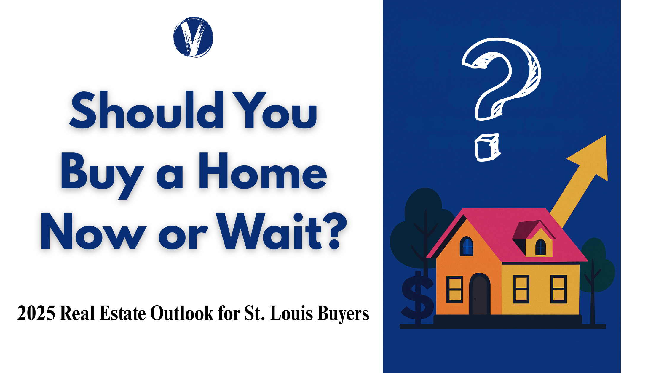 Banner showing a house, question mark, and upward arrow with text “Should You Buy a Home Now or Wait? 2025 St. Louis Outlook.”