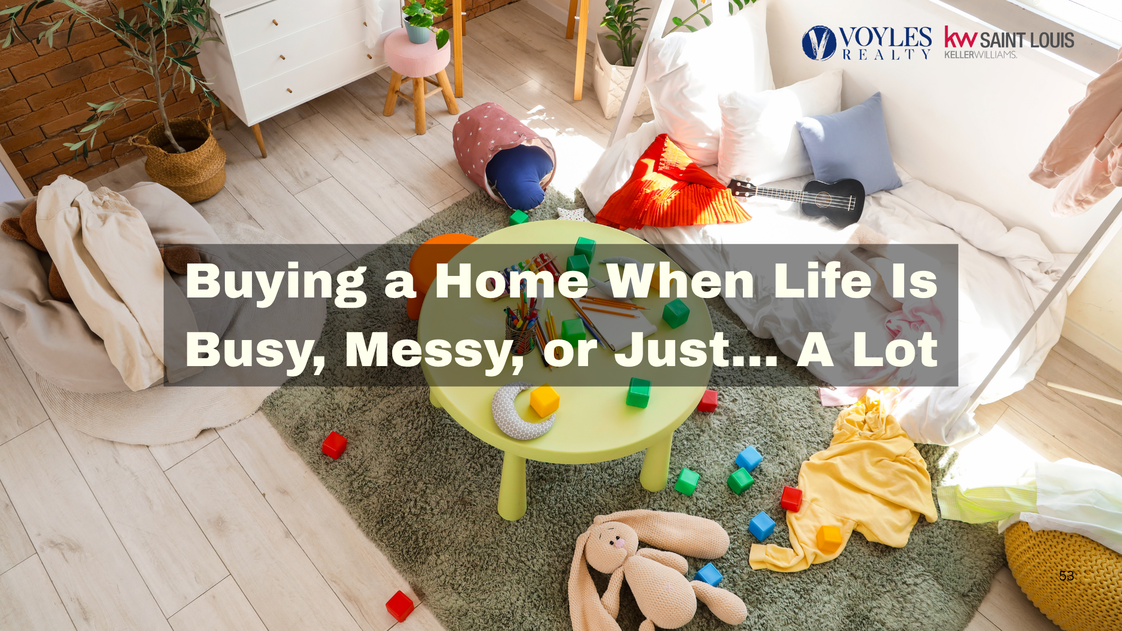 A high-angle view of a messy but cozy child’s playroom with toys scattered on a green rug, featuring a text overlay that reads 