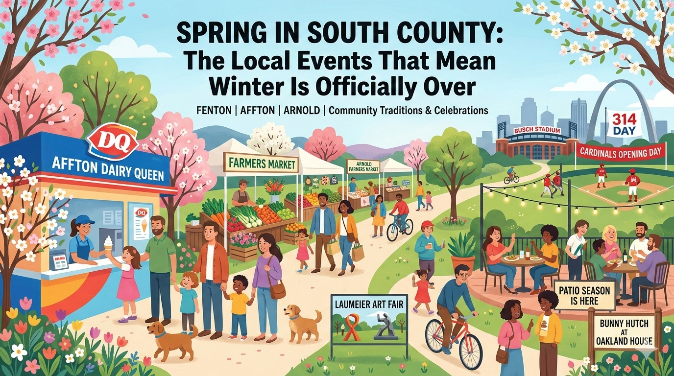 A vibrant, panoramic illustration of South County, St. Louis in springtime. The banner features iconic local scenes including the Affton Dairy Queen with a line of customers, a bustling farmers market, people dining on an outdoor patio under string lights, and a baseball game at Busch Stadium with the Gateway Arch in the background. Text overlays read 'Spring in South County' and mention Fenton, Affton, and Arnold.