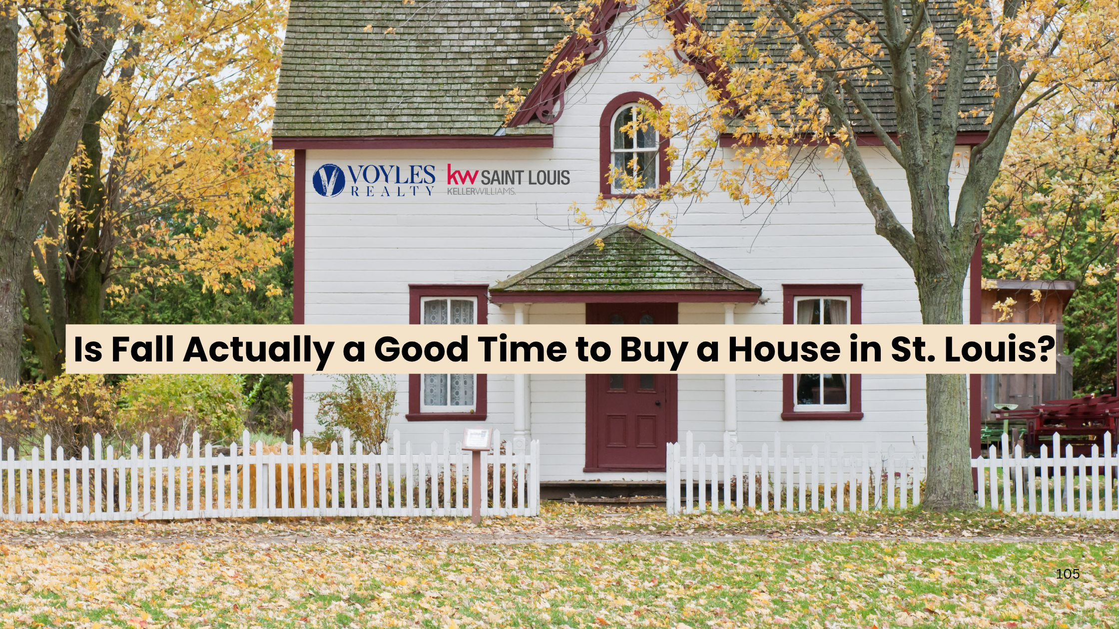 White two-story house surrounded by yellow autumn trees and fallen leaves, featuring a white picket fence and text reading 