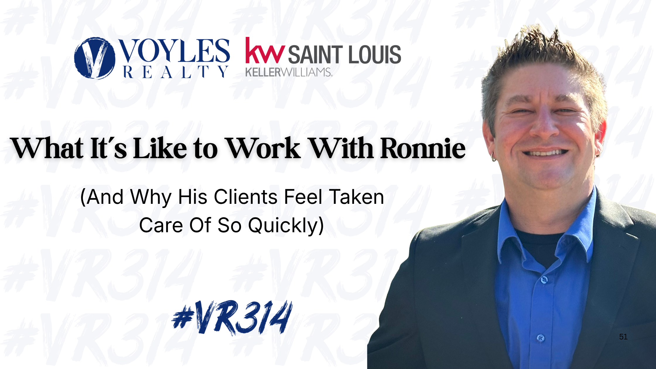 Promotional graphic for Voyles Realty featuring Ronnie of KW Saint Louis. Ronnie is smiling in a black suit jacket and blue shirt against a white background with the blog title: 