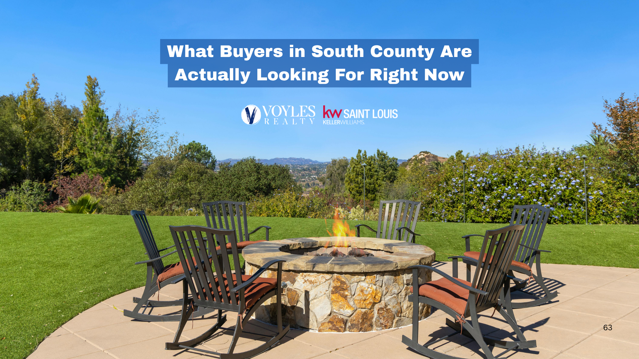A scenic outdoor backyard featuring a stone fire pit with a lit flame, surrounded by four dark grey rocking chairs on a stone patio. The background shows a lush green lawn and mature trees under a clear blue sky. Text overlay reads 