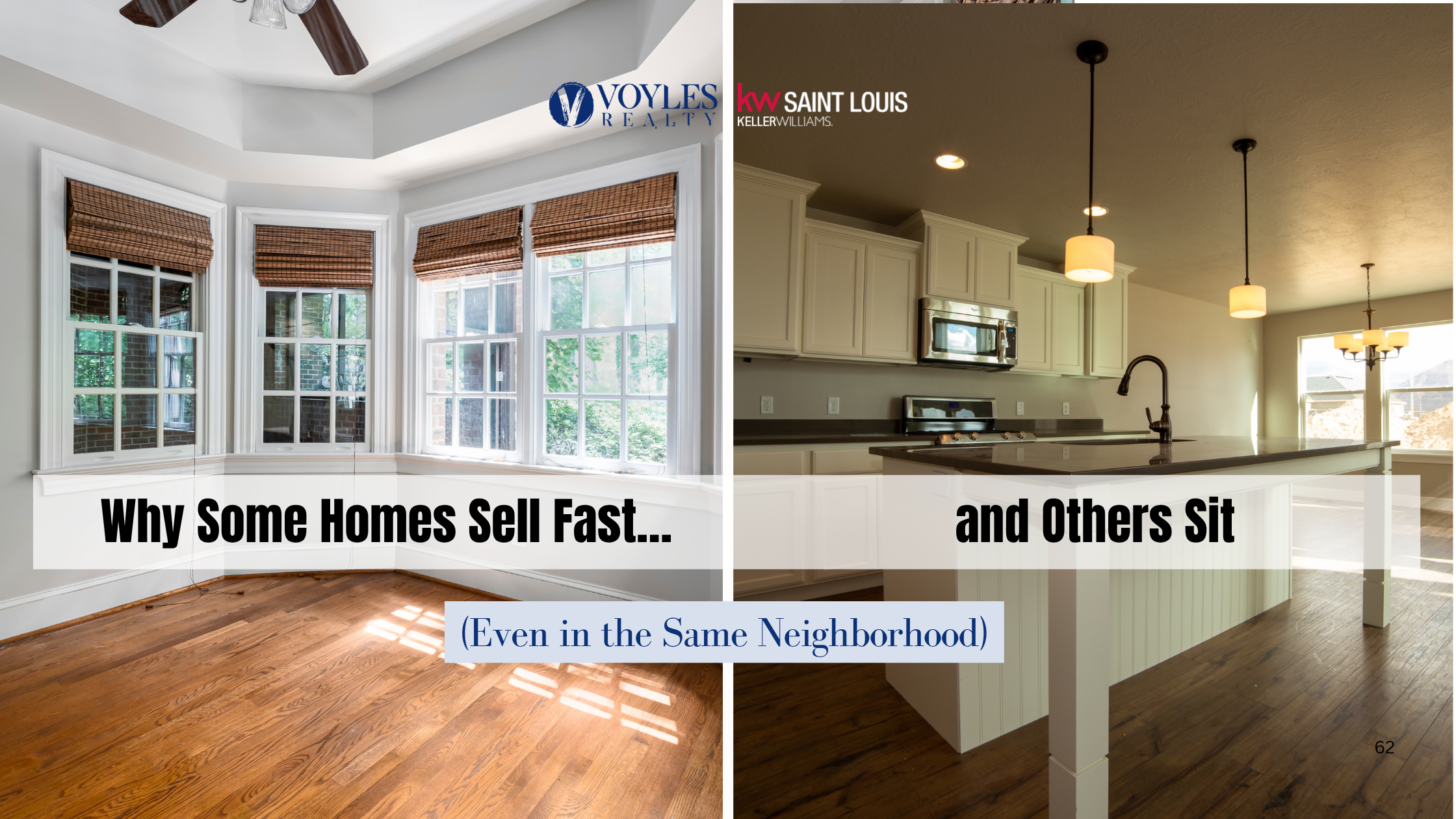 A split-screen comparison of two home interiors: the left side shows a bright, sunlit room with clean windows and polished wood floors representing a fast sale; the right side shows a dimly lit kitchen with yellow-toned lighting representing a home that sits on the market.